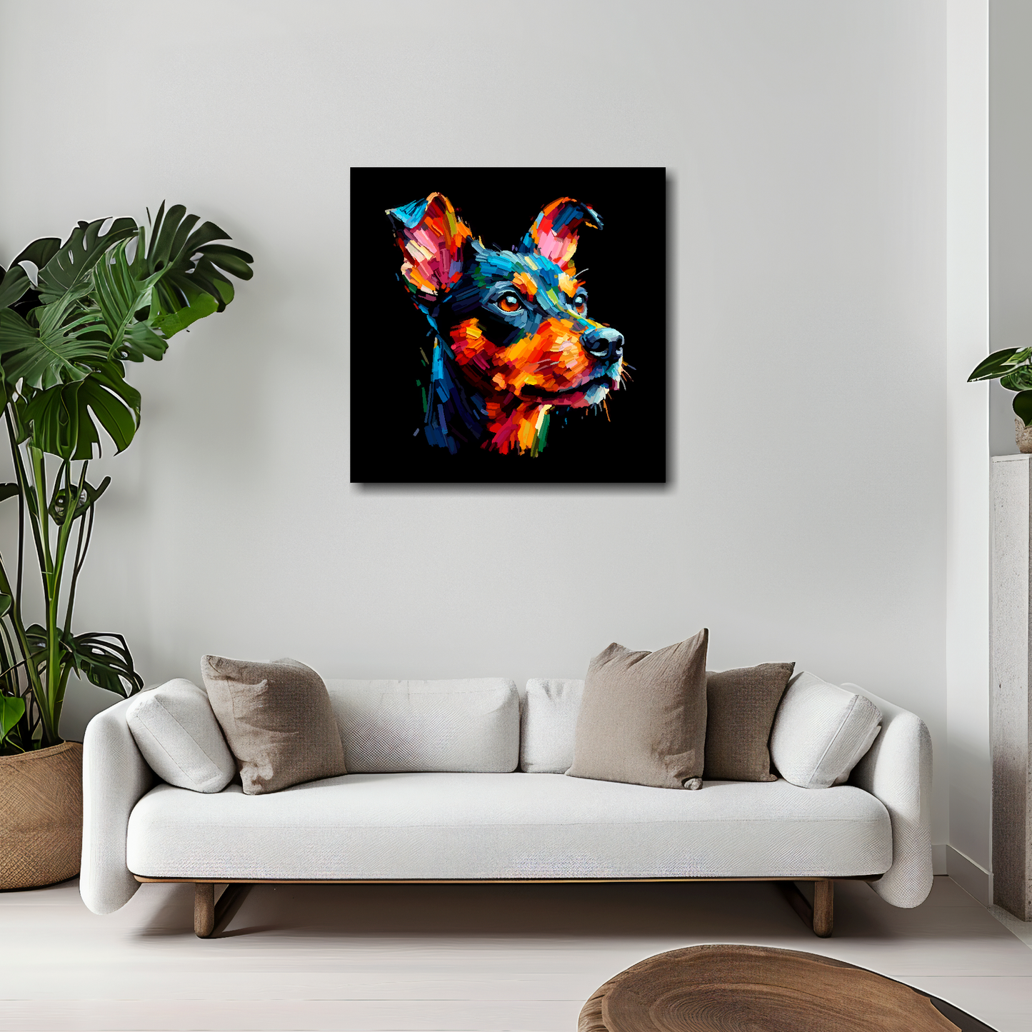 Manchester Terrier canvas 20x20 inches above white sofa - vibrant dog portrait wall art UK