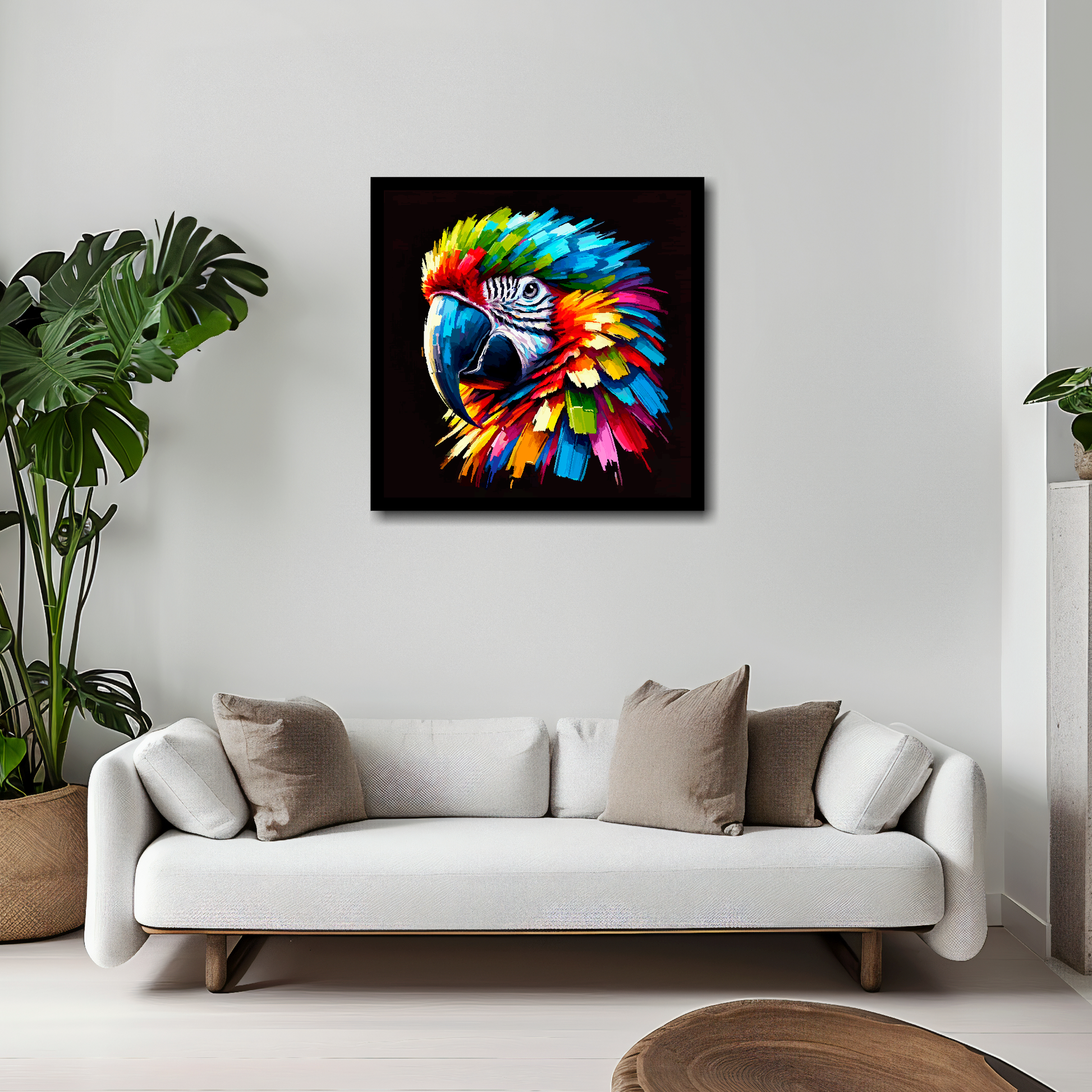Macaw Parrot canvas 20x20 inches above white sofa - vibrant bird portrait wall art UK