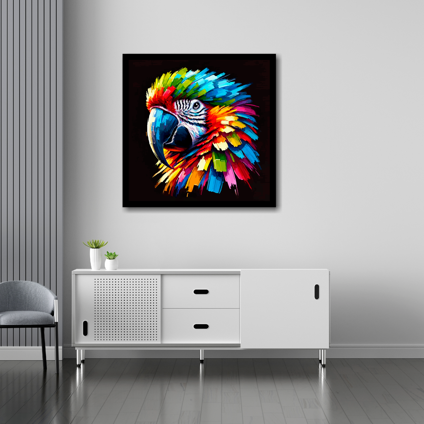 Macaw Parrot canvas 30x30 inches above sideboard - large colourful bird portrait UK made