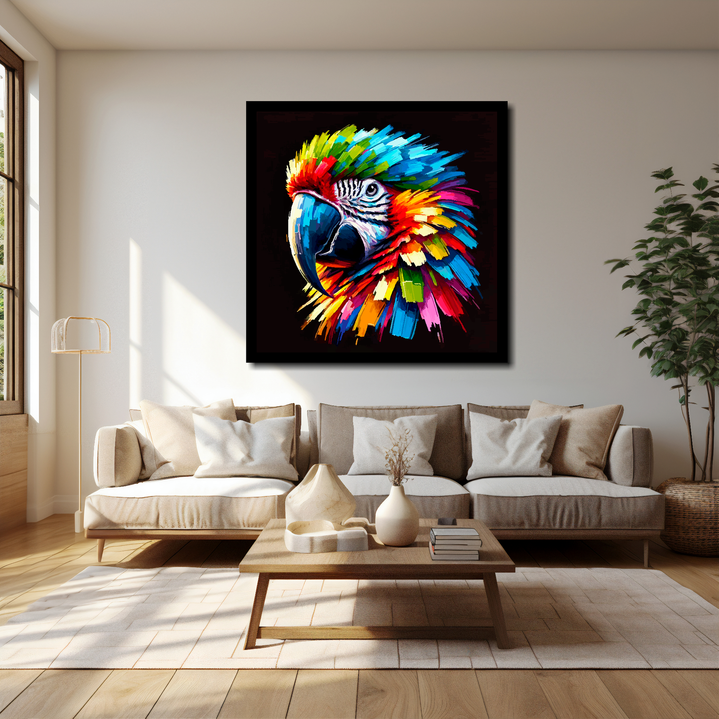 Macaw Parrot canvas 40x40 inches above cream sofa - XL vibrant bird wall art UK