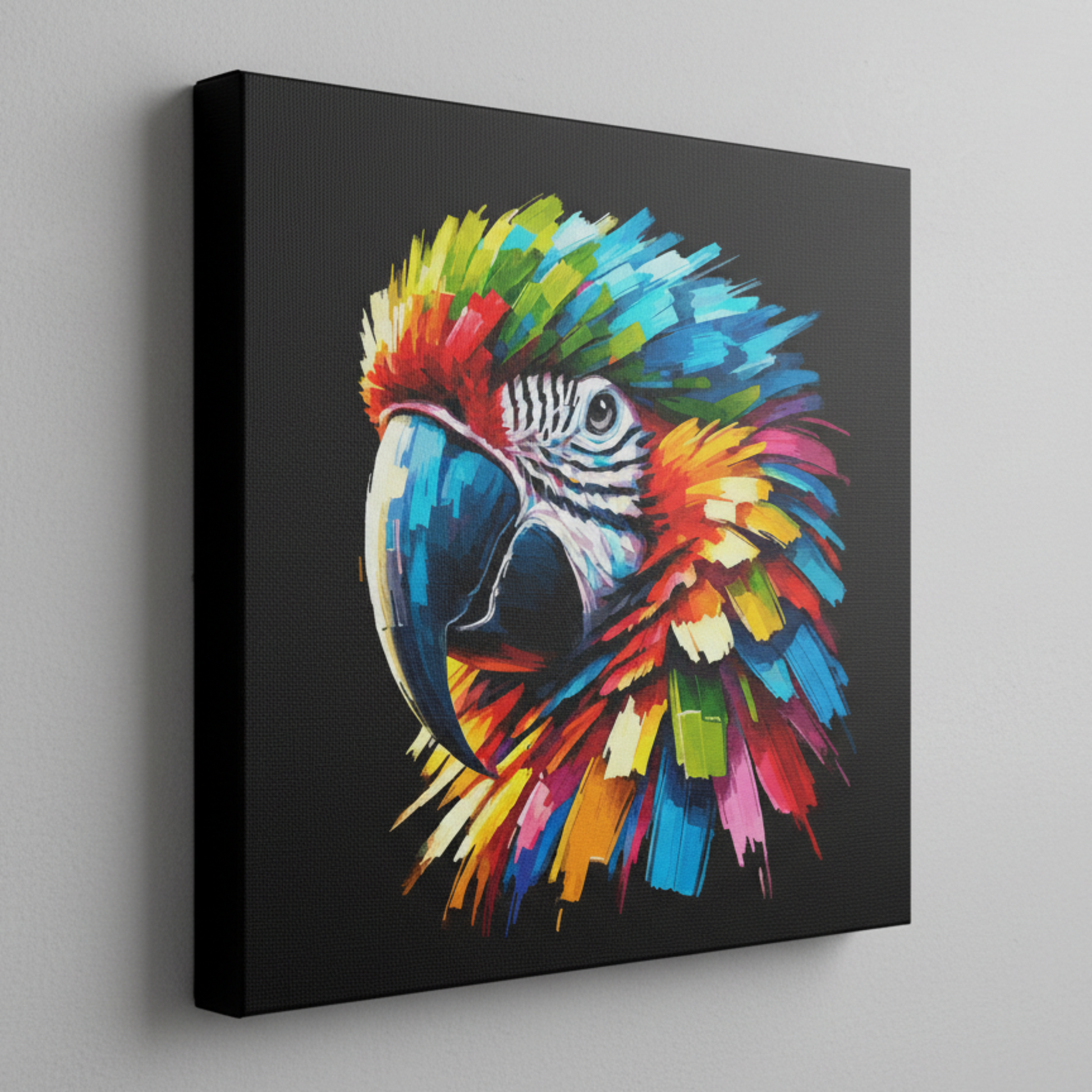 Colourful Macaw Parrot bird portrait canvas print - UK made abstract wildlife wall art black background