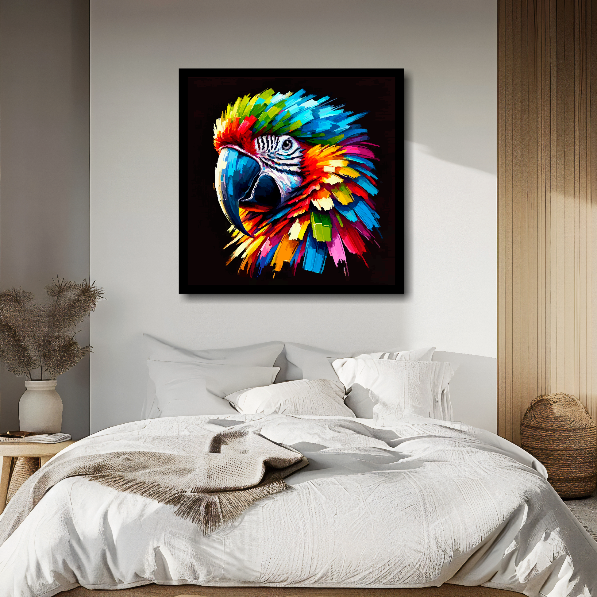 Macaw Parrot portrait canvas above bed - colourful bird wall decor for UK bedrooms