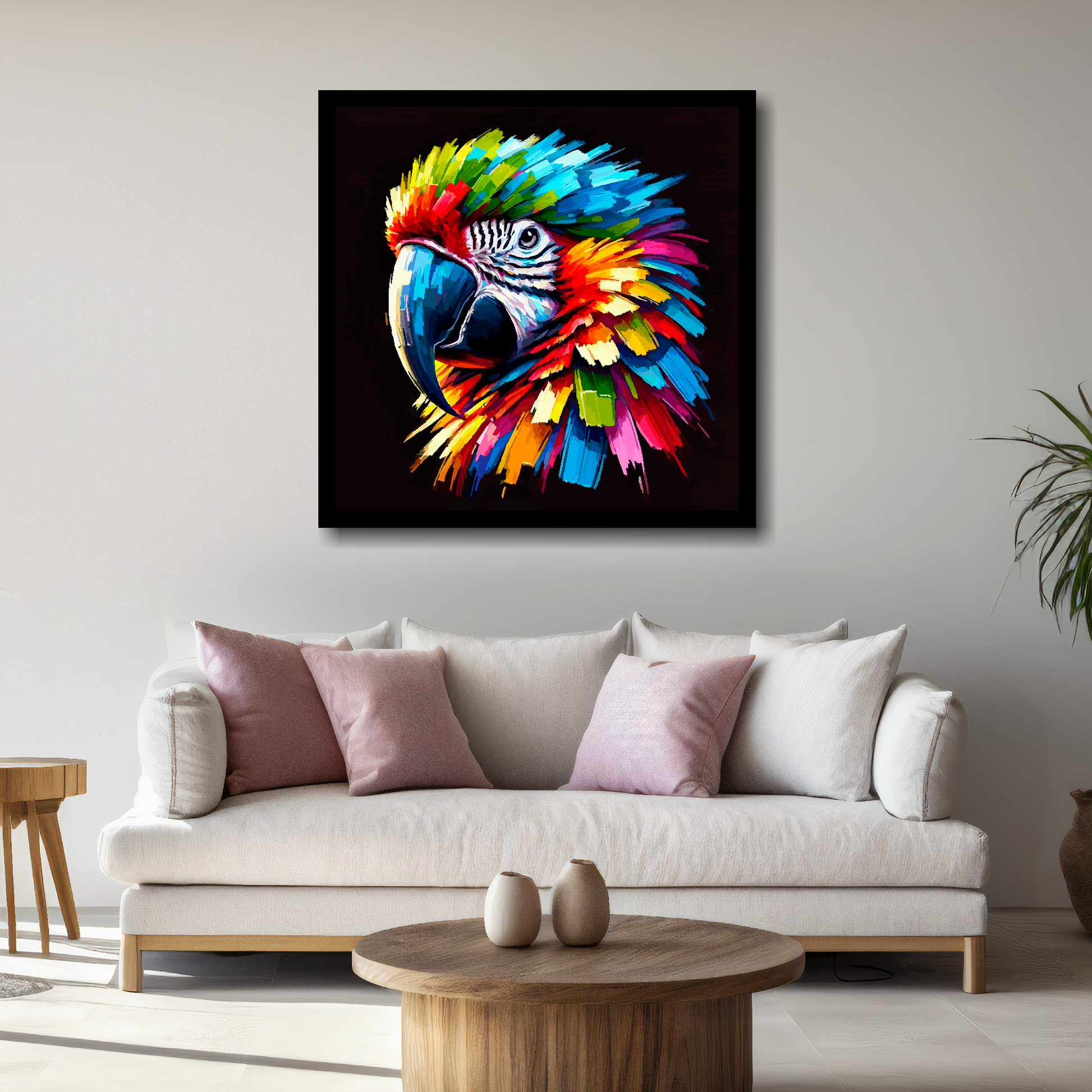 Large Macaw Parrot canvas above white sofa - vibrant abstract bird portrait wall art UK