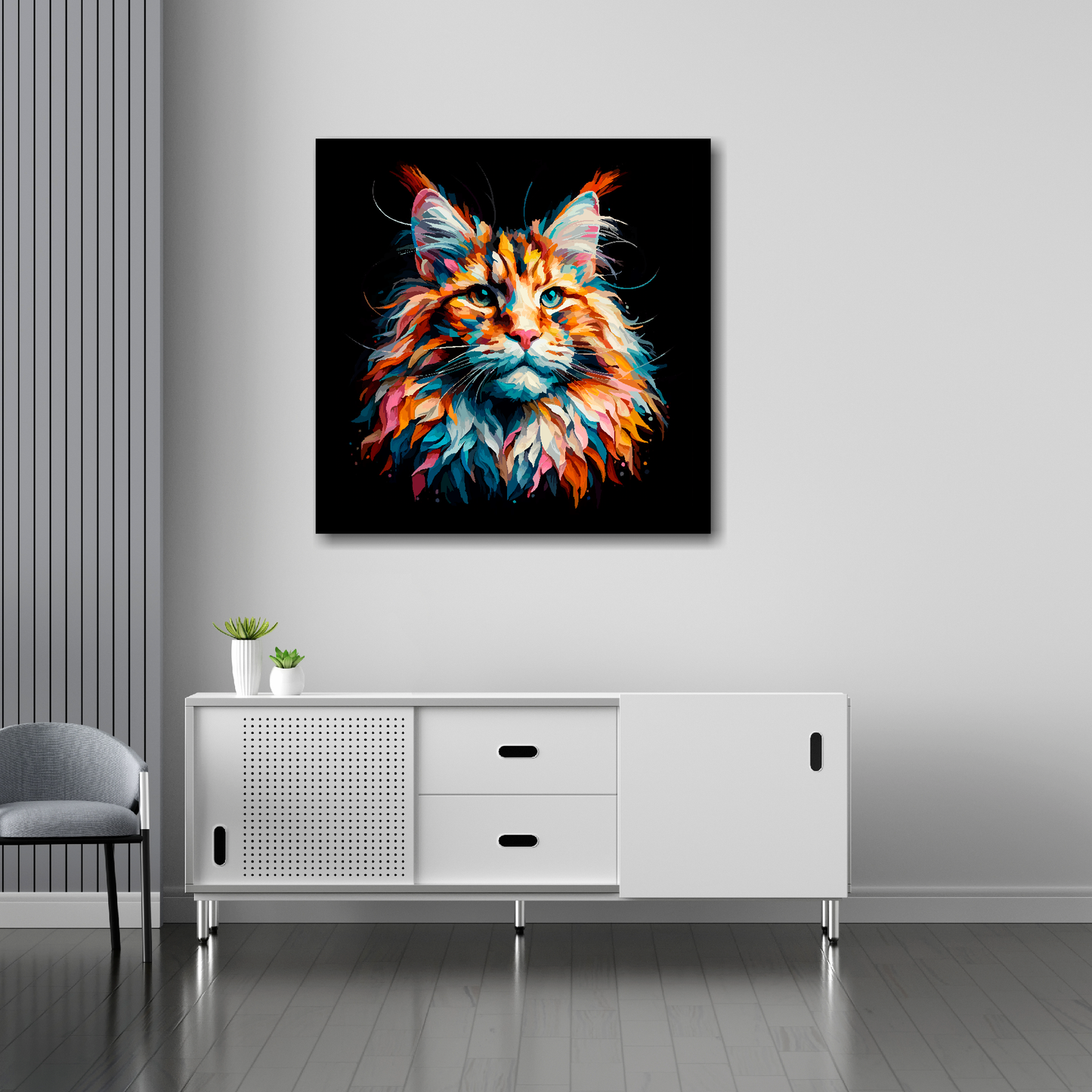 Maine Coon cat canvas 30x30 inches above sideboard - large colourful cat portrait UK made