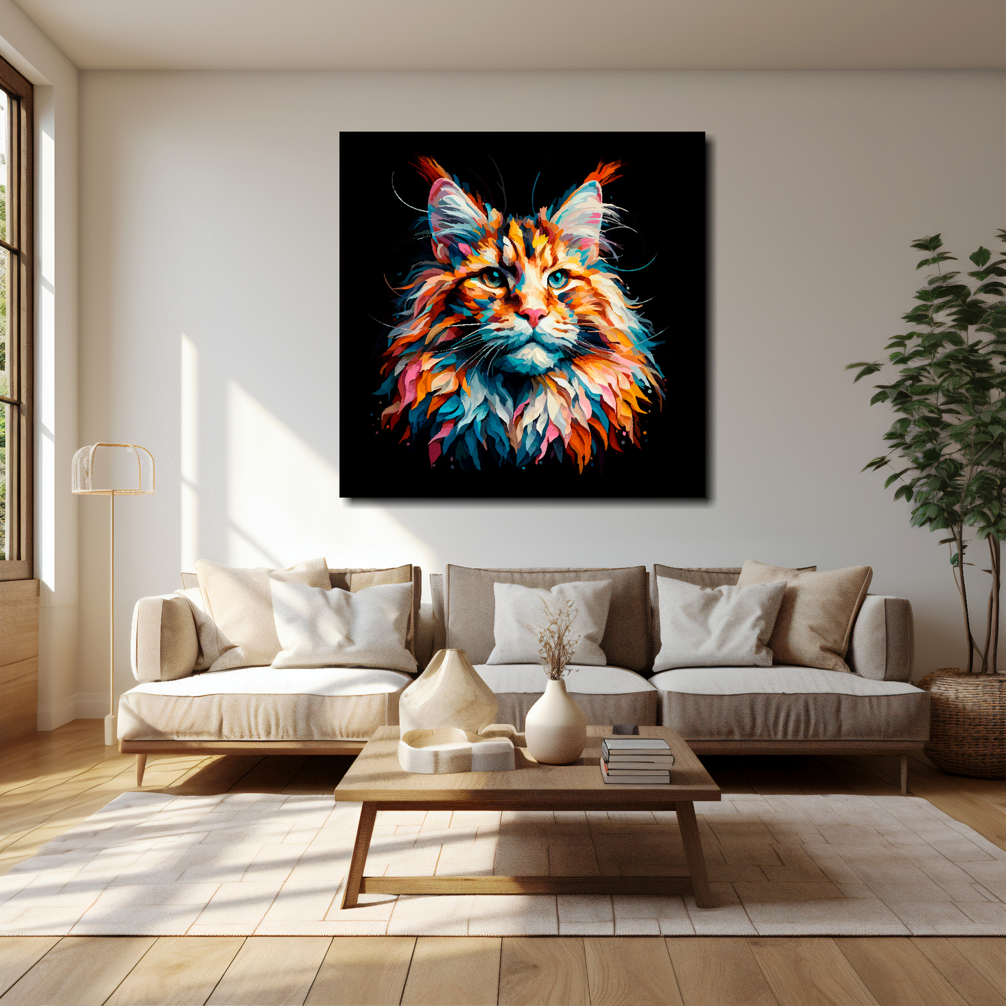 Maine Coon cat canvas 40x40 inches above cream sofa - XL vibrant cat wall art UK
