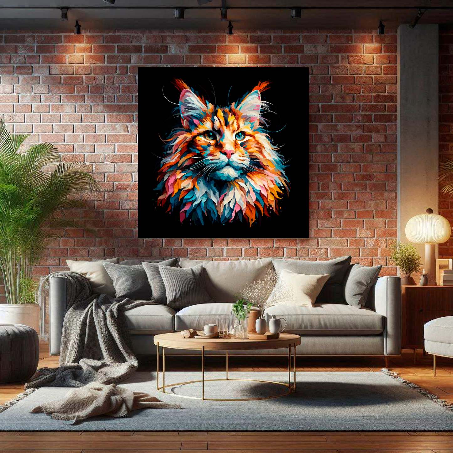 Large Maine Coon cat canvas on brick wall above grey sofa - bold cat portrait UK living room