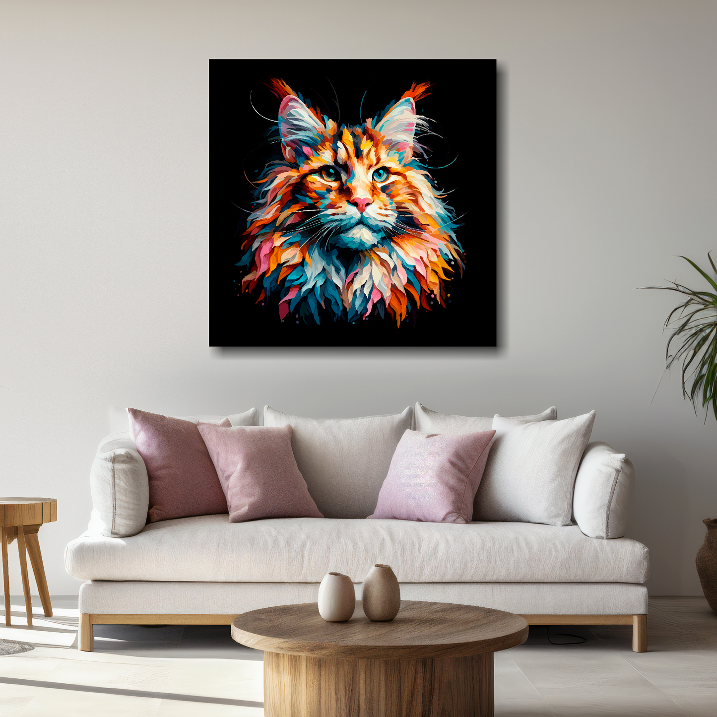 Large Maine Coon cat canvas above white sofa - vibrant abstract cat portrait wall art UK
