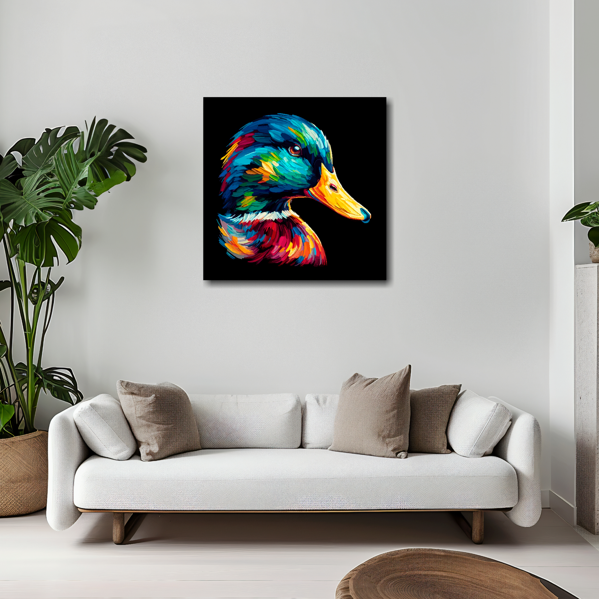Mallard Duck canvas 20x20 inches above white sofa - vibrant bird portrait wall art UK