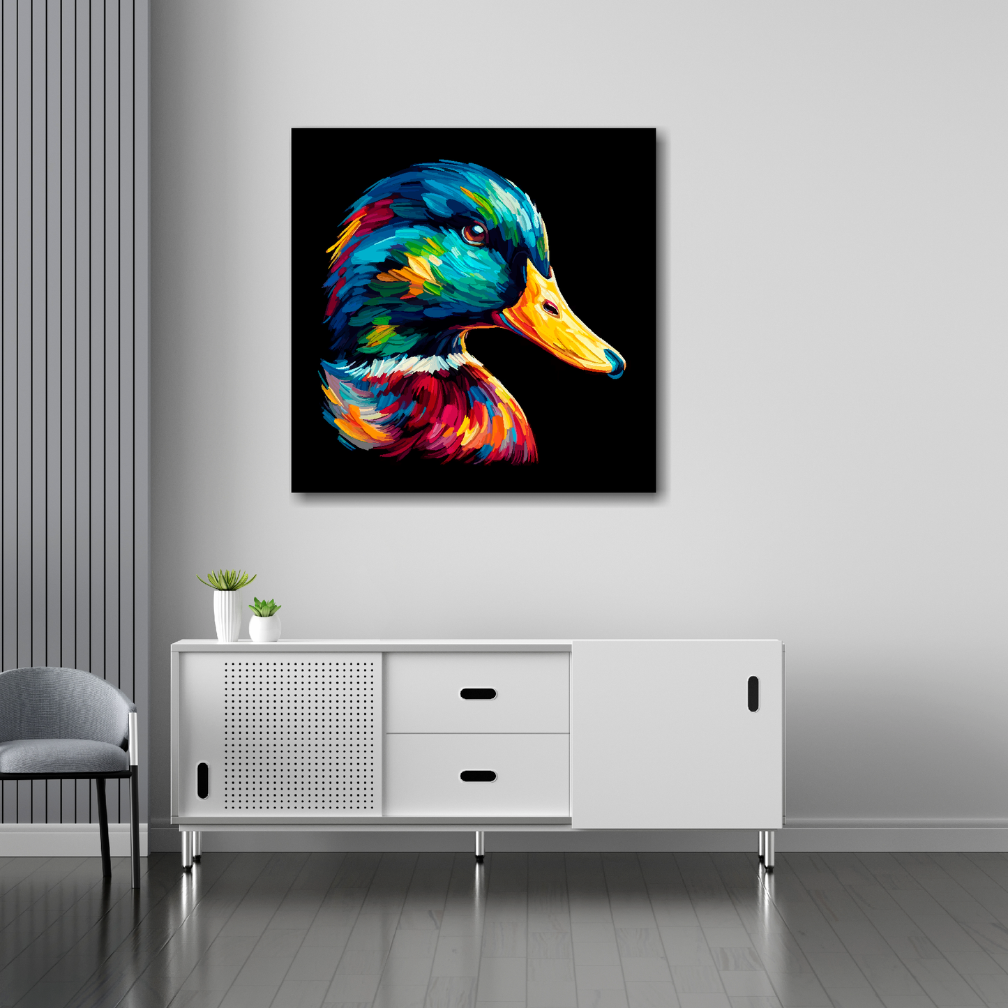 Mallard Duck canvas 30x30 inches above sideboard - large colourful bird portrait UK made