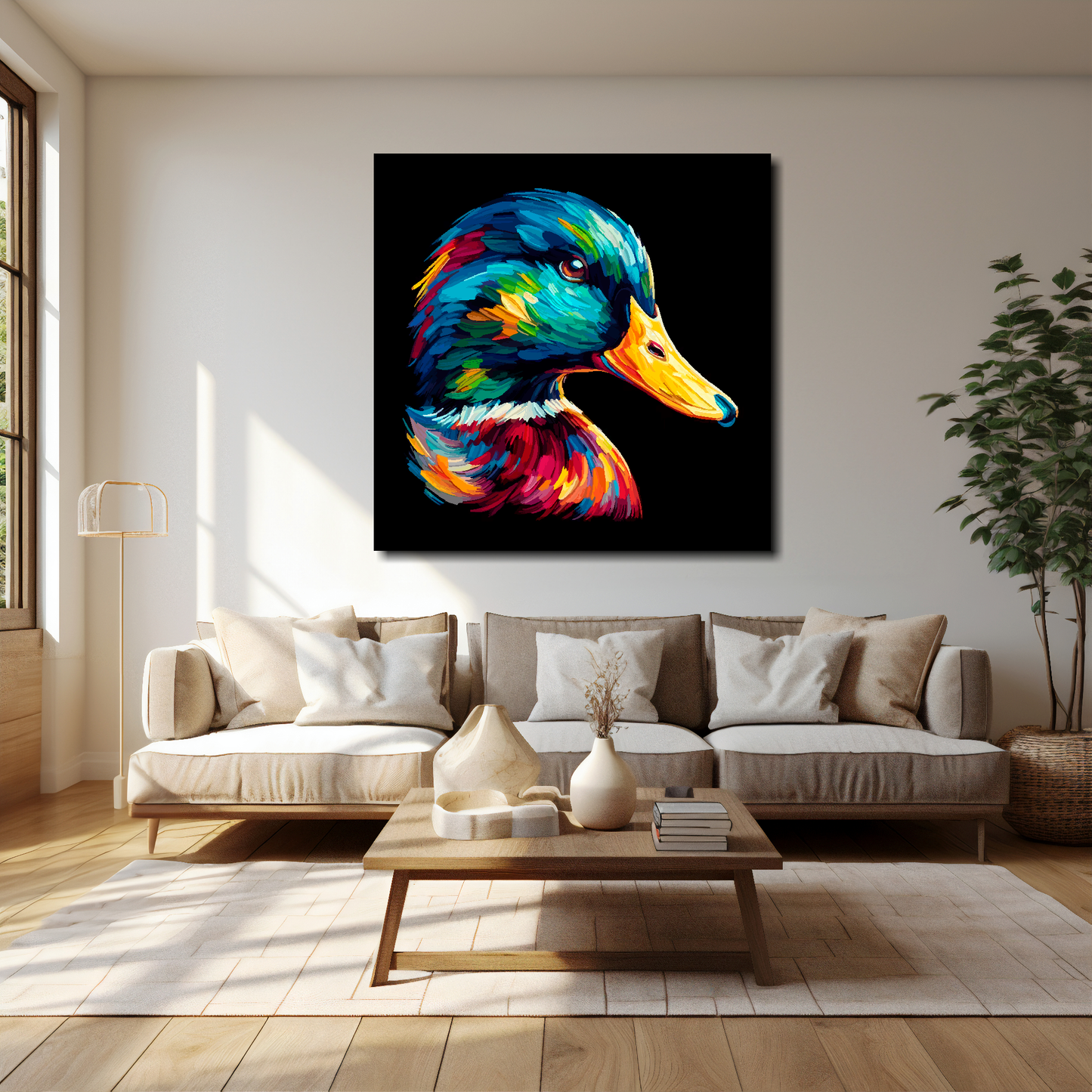 Mallard Duck canvas 40x40 inches above cream sofa - XL vibrant bird wall art UK