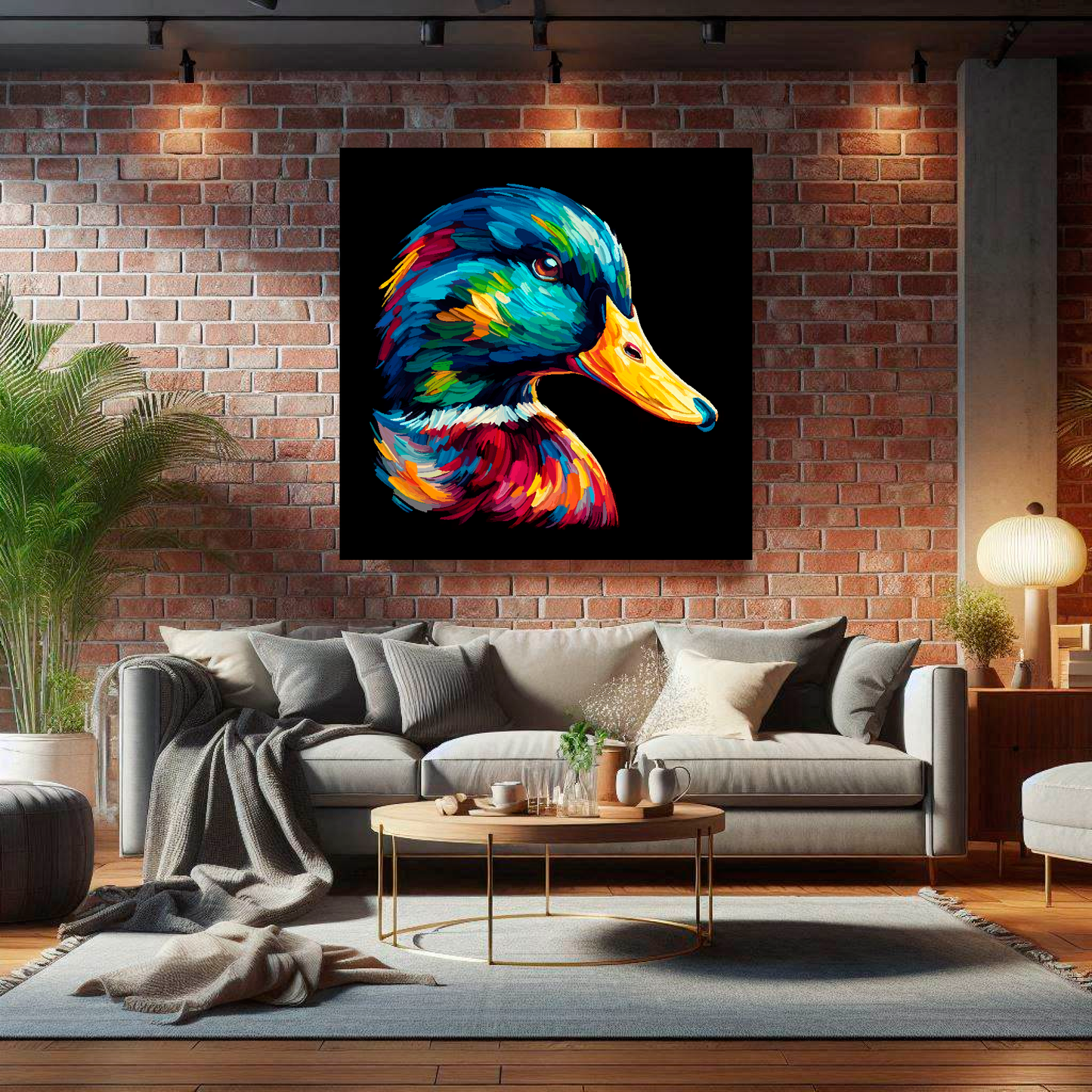 Large Mallard Duck canvas on brick wall above grey sofa - bold bird portrait UK living room