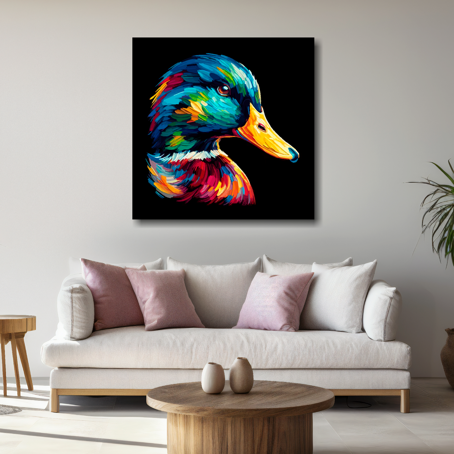 Large Mallard Duck canvas above white sofa - vibrant abstract bird portrait wall art UK
