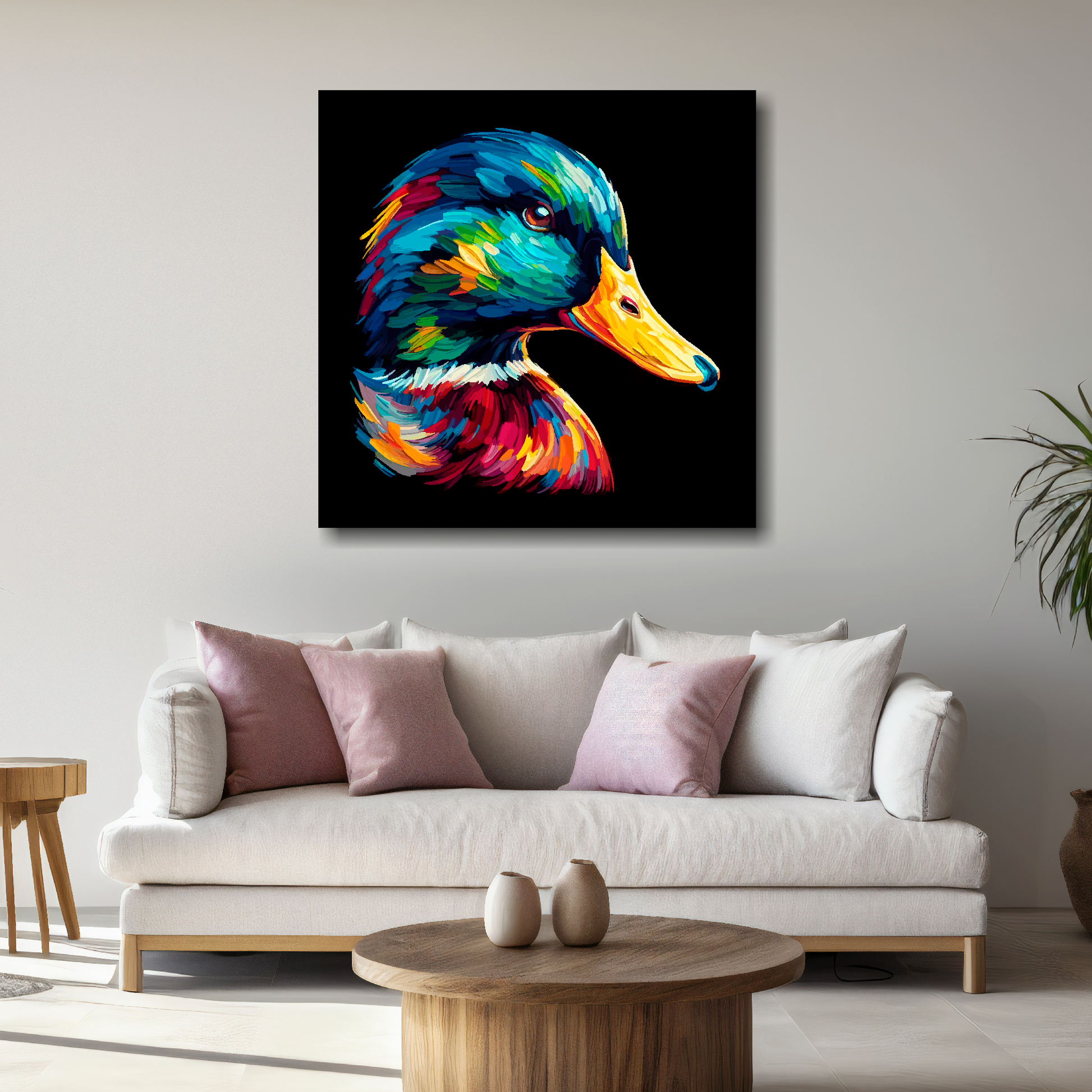 Large Mallard Duck canvas above white sofa - vibrant abstract bird portrait wall art UK