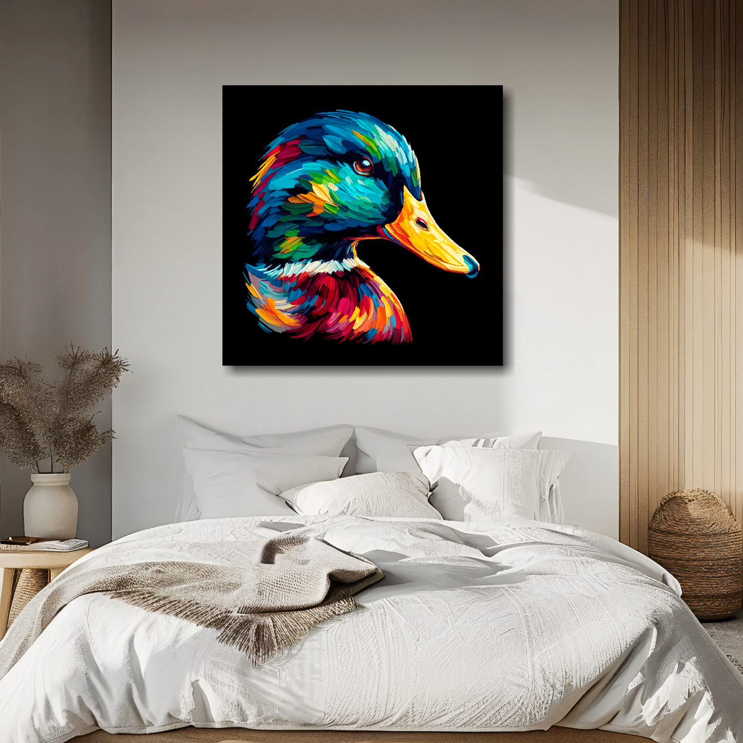 Mallard Duck portrait canvas above bed - colourful bird wall decor for UK bedrooms