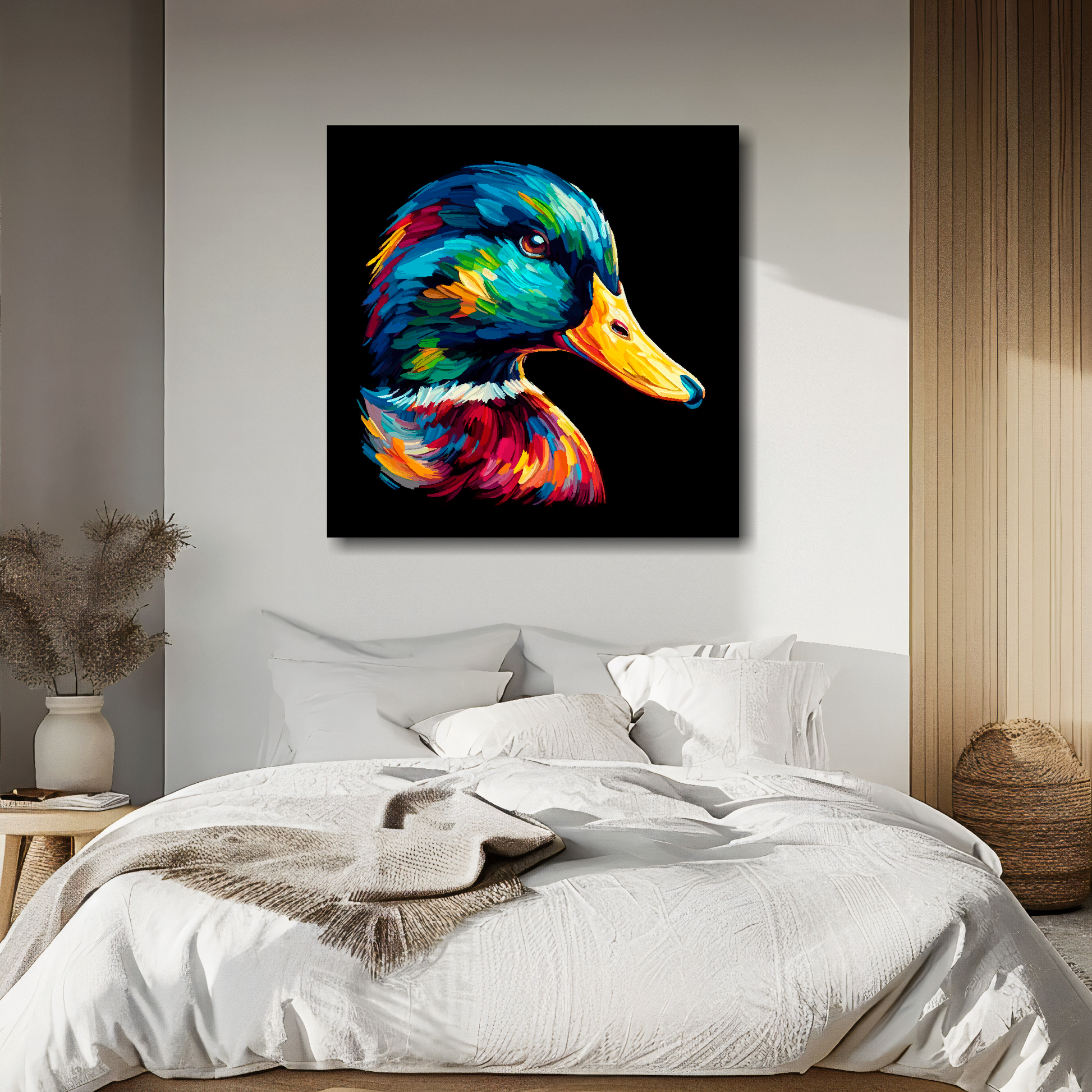 Mallard Duck portrait canvas above bed - colourful bird wall decor for UK bedrooms