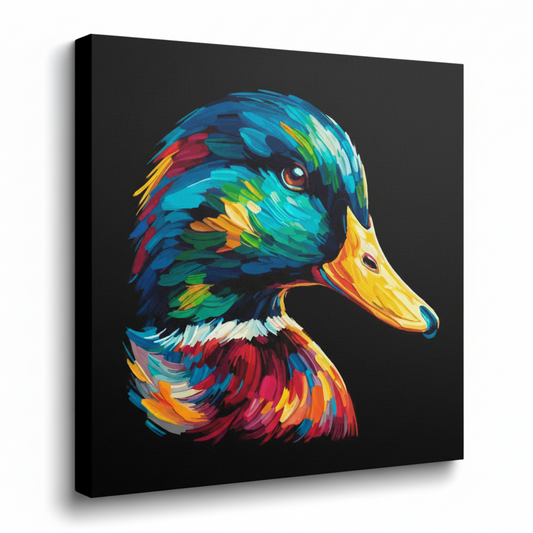 Colourful Mallard Duck bird portrait canvas print - UK made abstract wildlife wall art black background