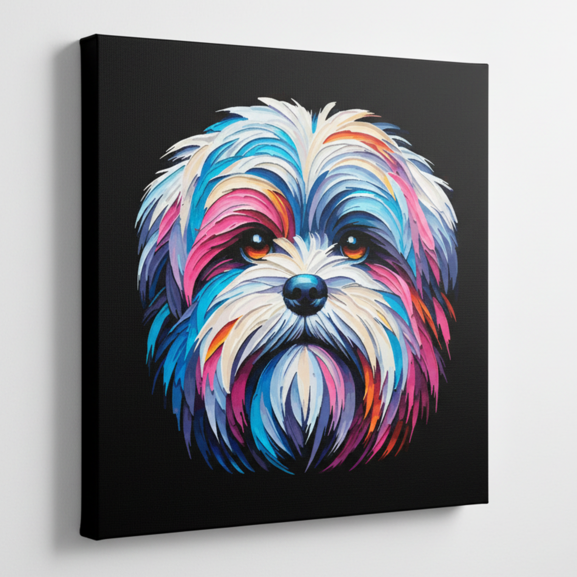 Colourful Malshi dog portrait canvas print - UK made abstract pet wall art black background