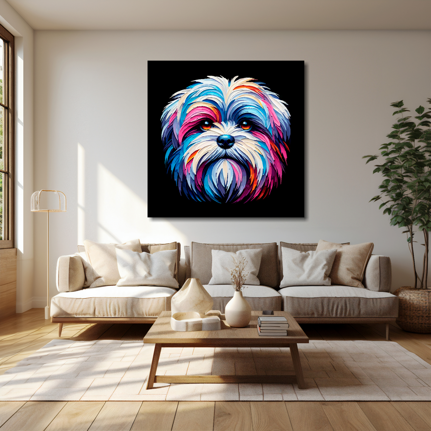 Malshi canvas 40x40 inches above cream sofa - XL vibrant dog wall art UK