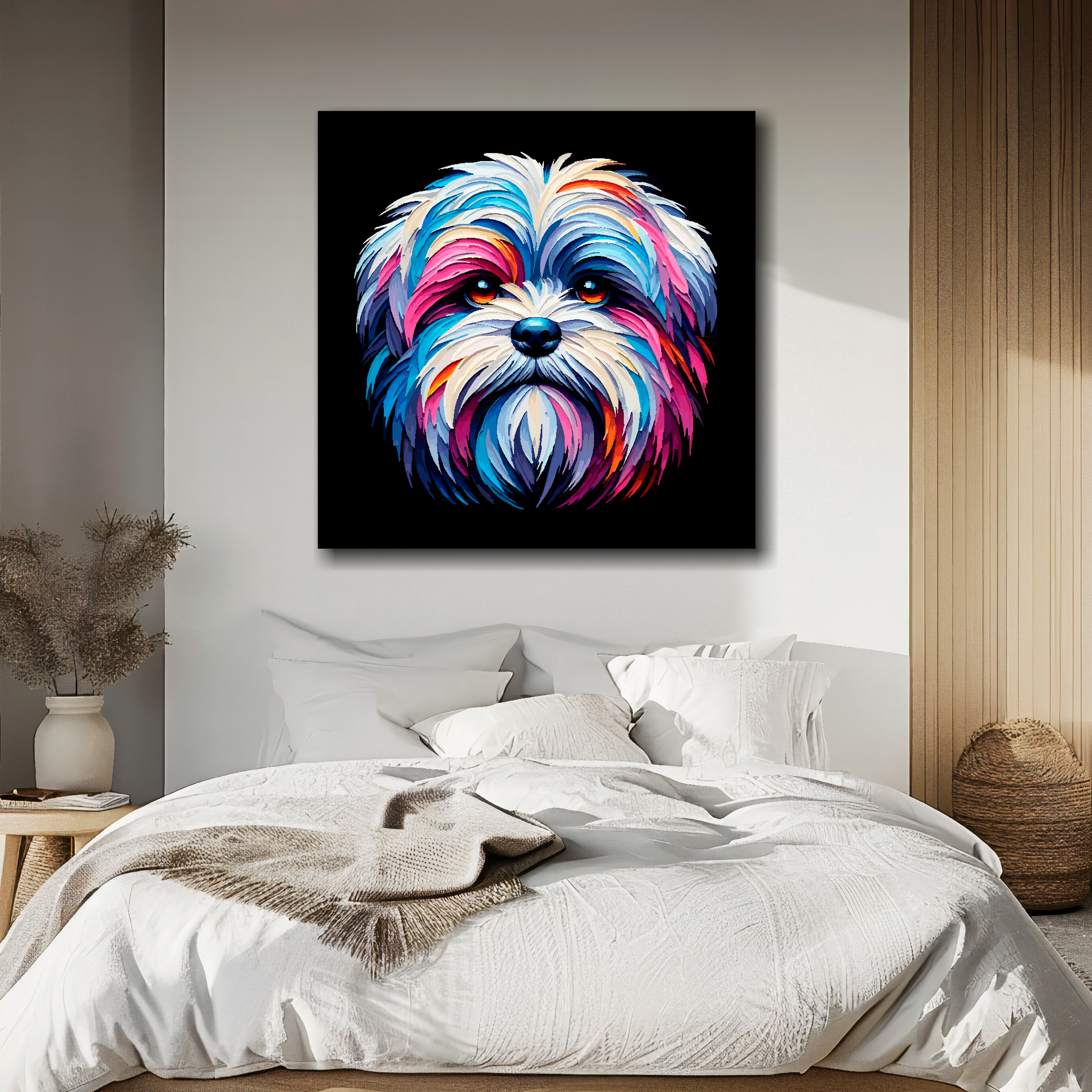 Malshi portrait canvas above bed - colourful dog wall decor for UK bedrooms