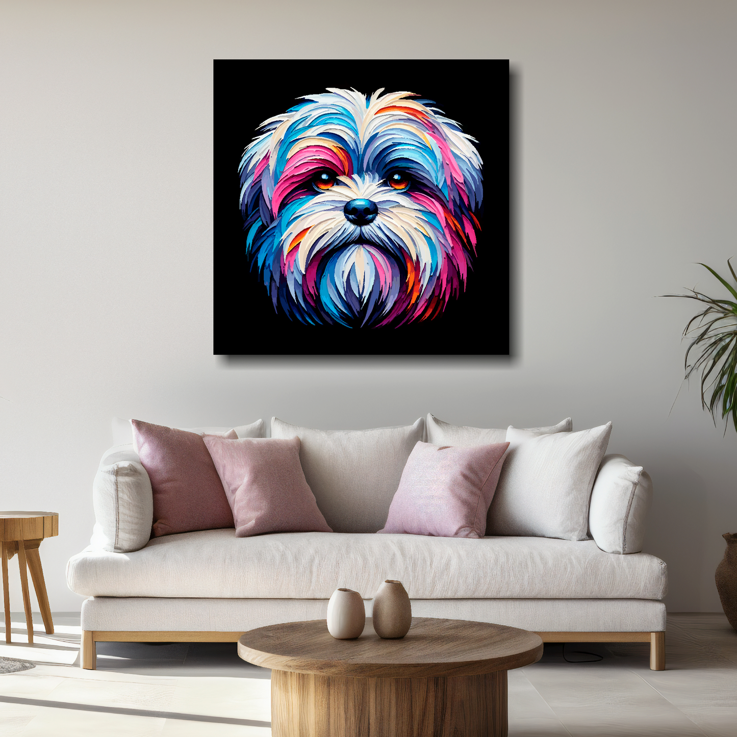 Large Malshi canvas above white sofa - vibrant abstract dog portrait wall art UK