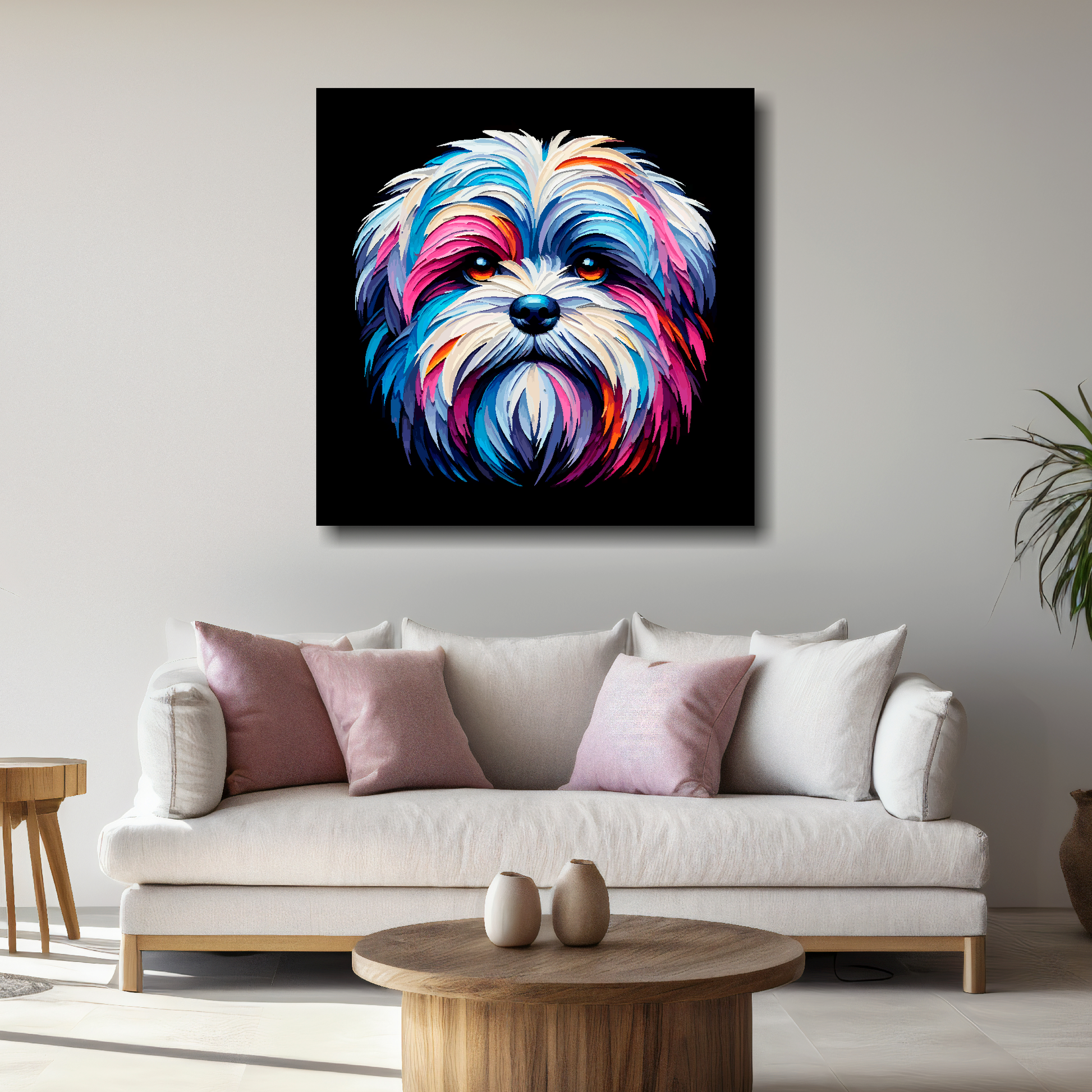 Large Malshi canvas above white sofa - vibrant abstract dog portrait wall art UK