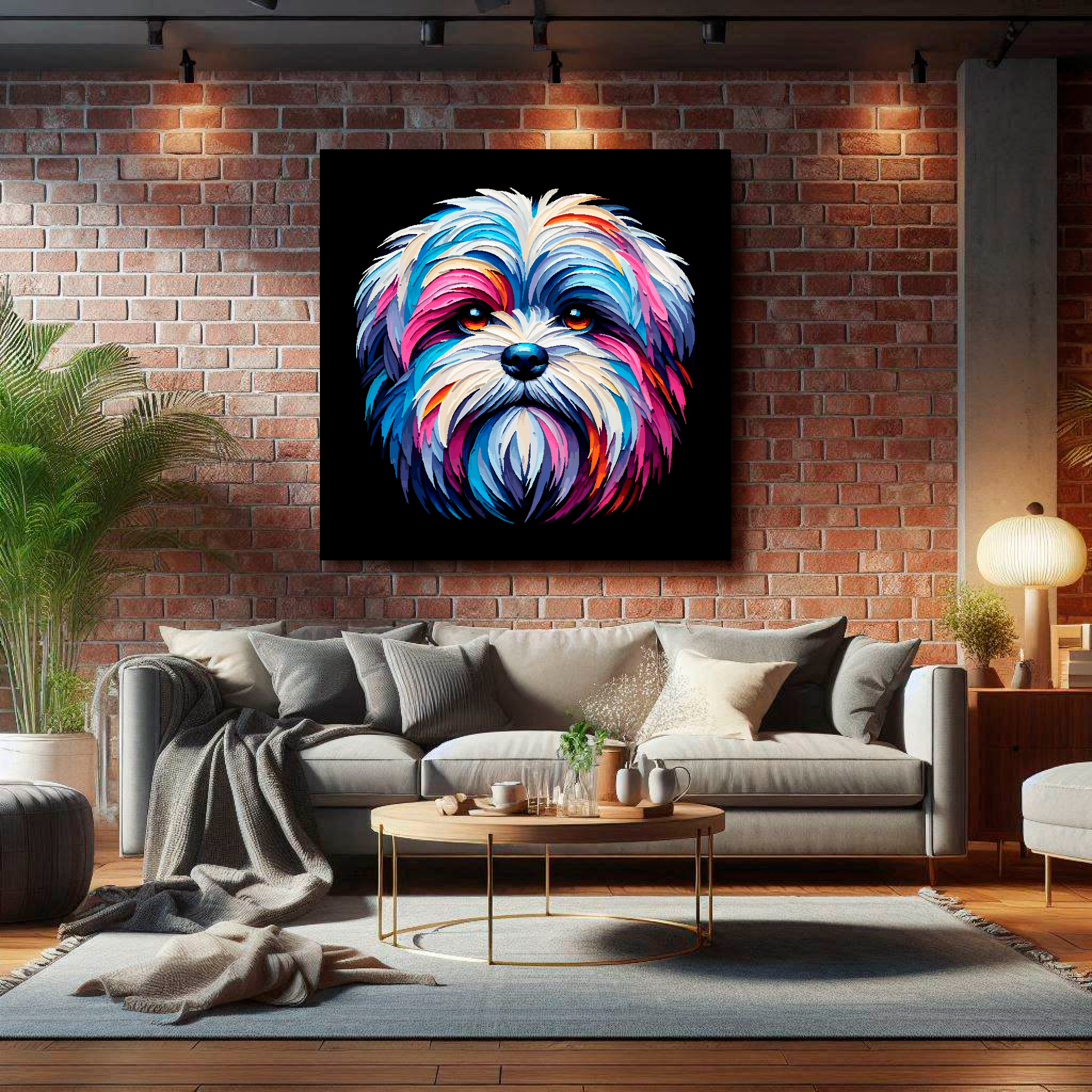Large Malshi canvas on brick wall above grey sofa - bold dog portrait UK living room