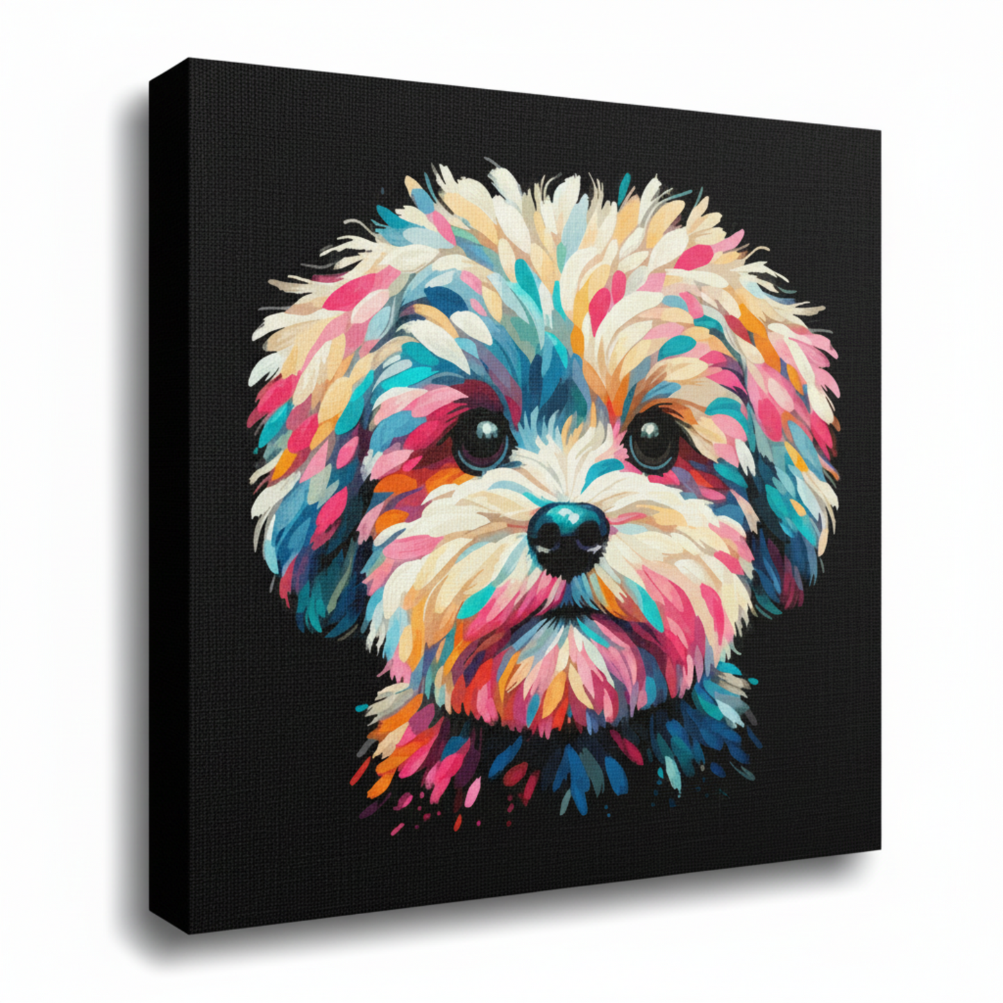 Colourful Maltipoo dog portrait canvas print - UK made abstract pet wall art black background