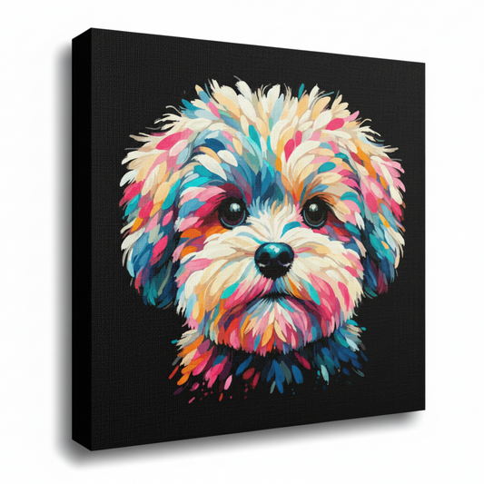 Colourful Maltipoo dog portrait canvas print - UK made abstract pet wall art black background