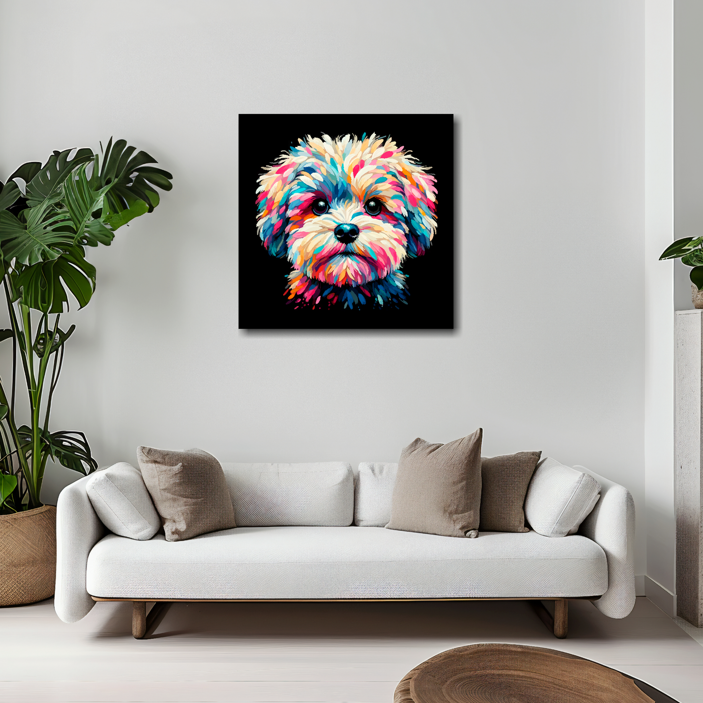 Maltipoo canvas 20x20 inches above white sofa - vibrant dog portrait wall art UK
