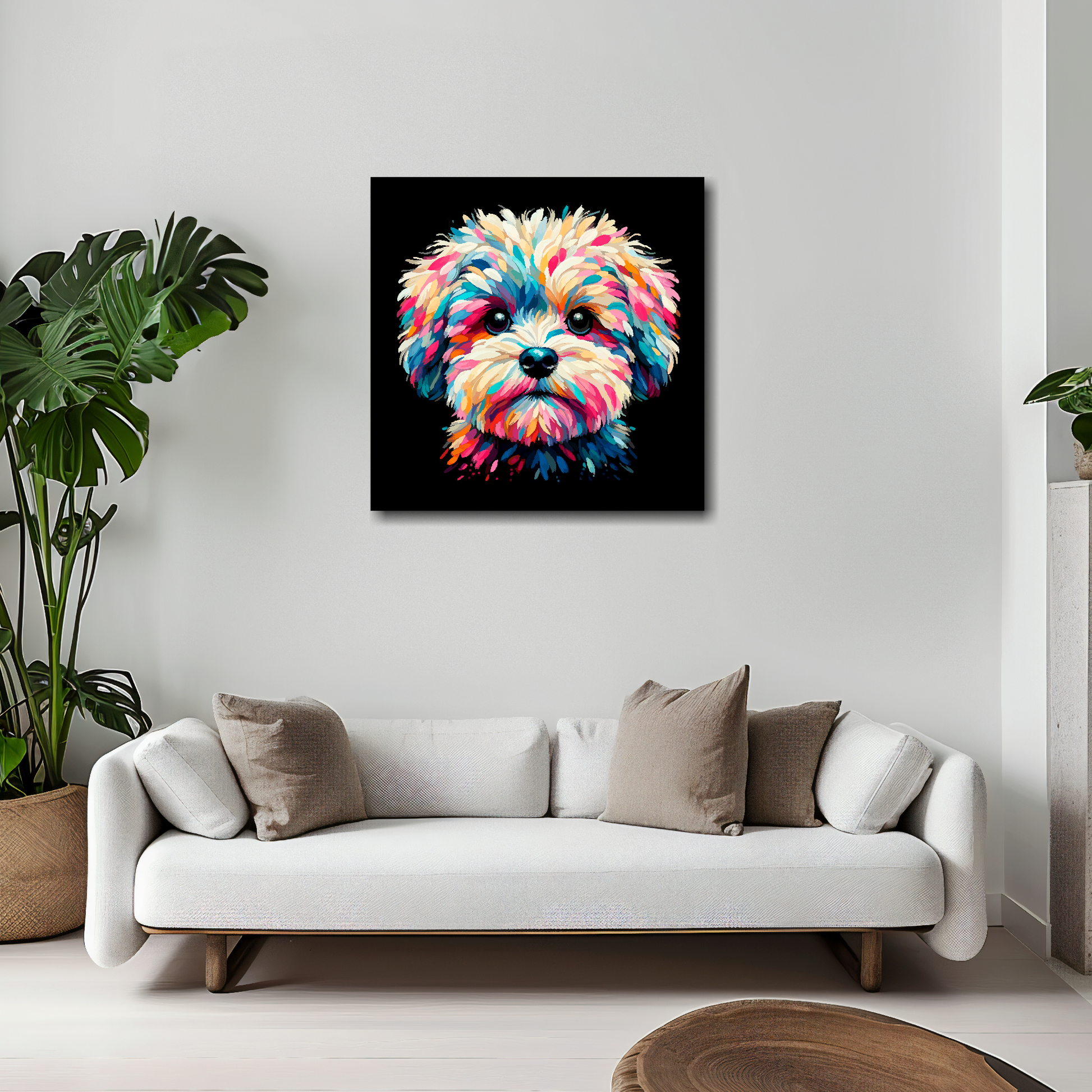 Maltipoo canvas 20x20 inches above white sofa - vibrant dog portrait wall art UK
