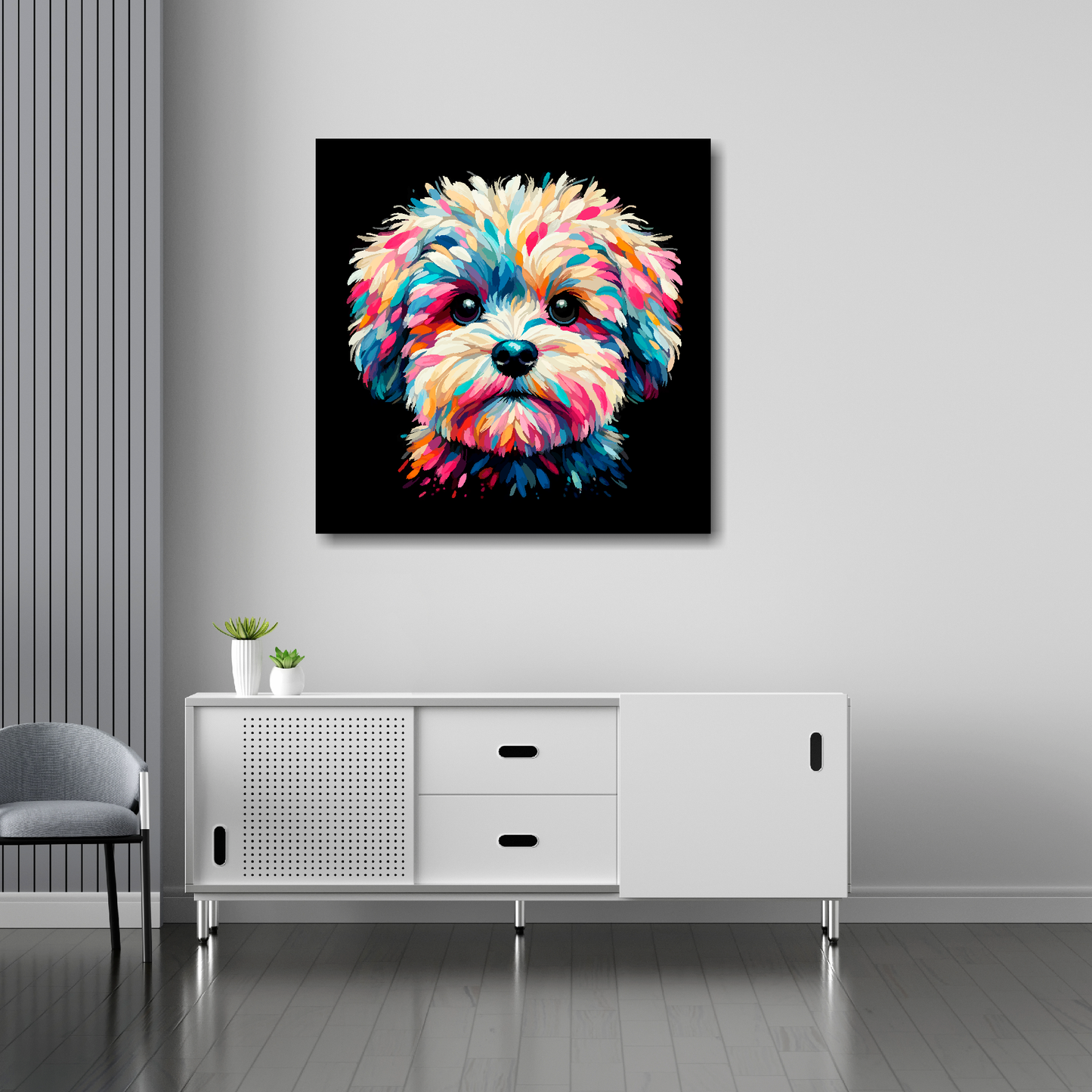 Maltipoo canvas 30x30 inches above sideboard - large colourful dog portrait UK made