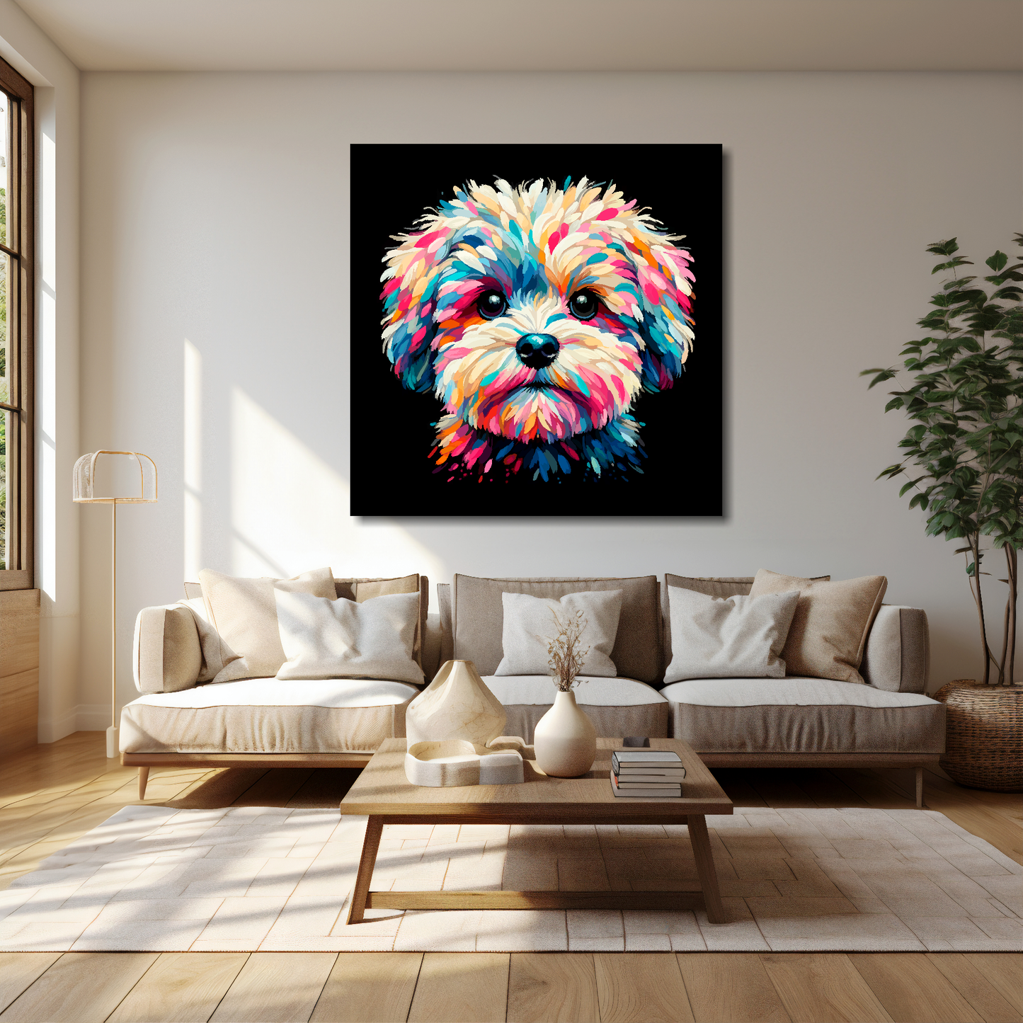 Maltipoo canvas 40x40 inches above cream sofa - XL vibrant dog wall art UK