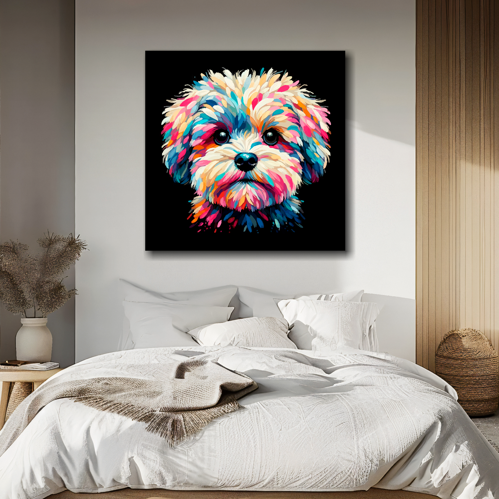 Maltipoo portrait canvas above bed - colourful dog wall decor for UK bedrooms