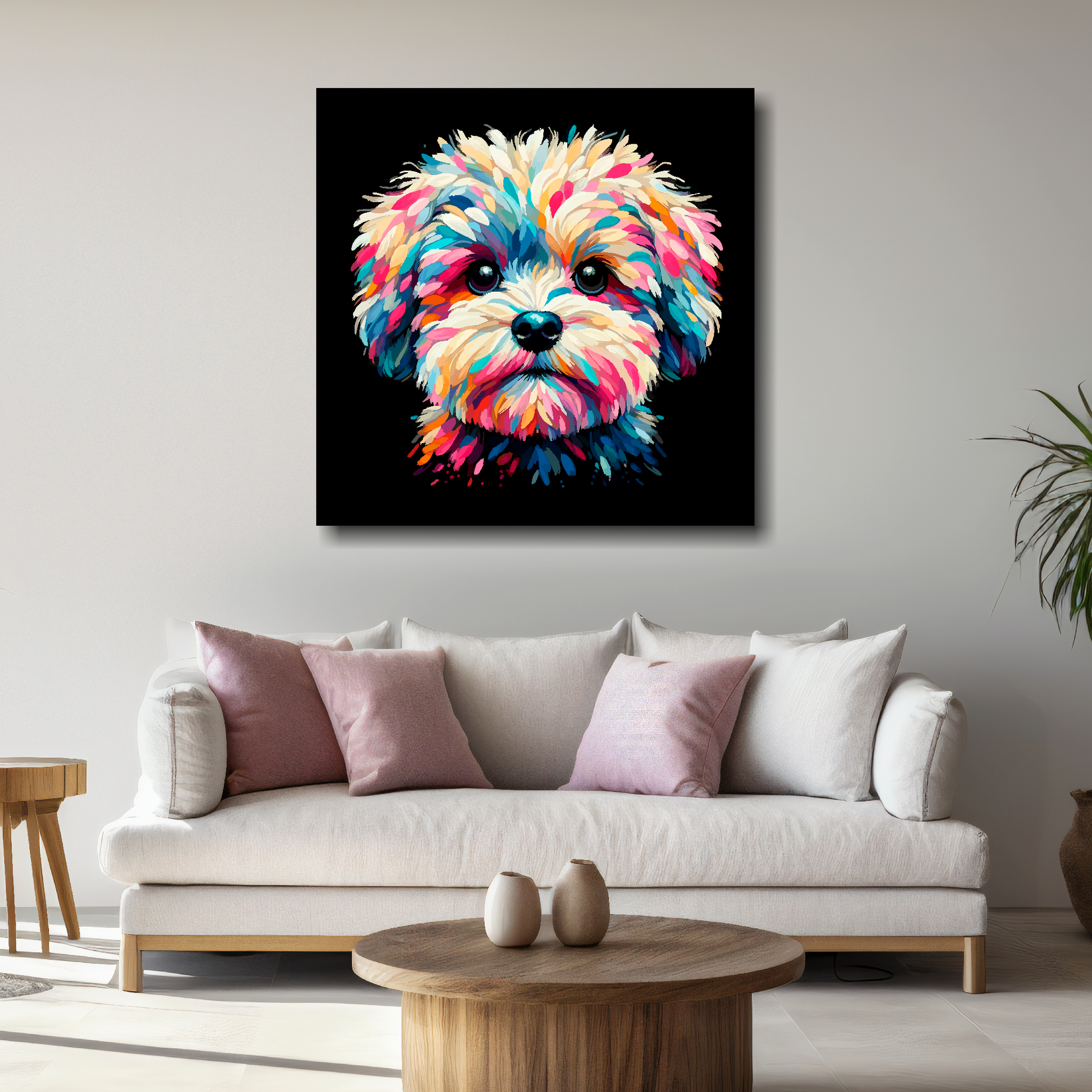 Large Maltipoo canvas above white sofa - vibrant abstract dog portrait wall art UK