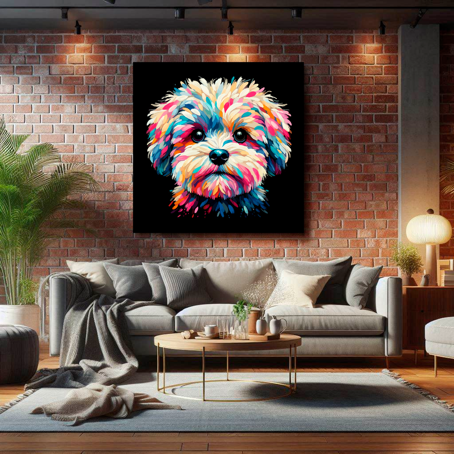 Large Maltipoo canvas on brick wall above grey sofa - bold dog portrait UK living room