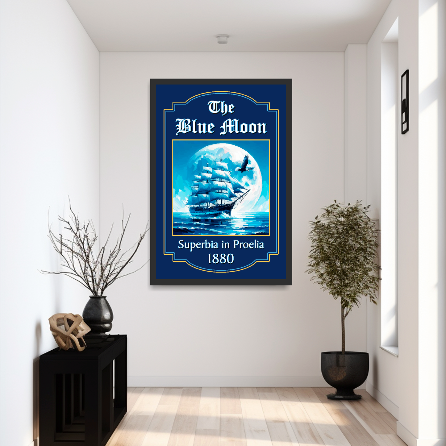 Man city inspired pub sign 'The Blue Moon' with a ship and moon illustration mounted in a black frame in a hallway