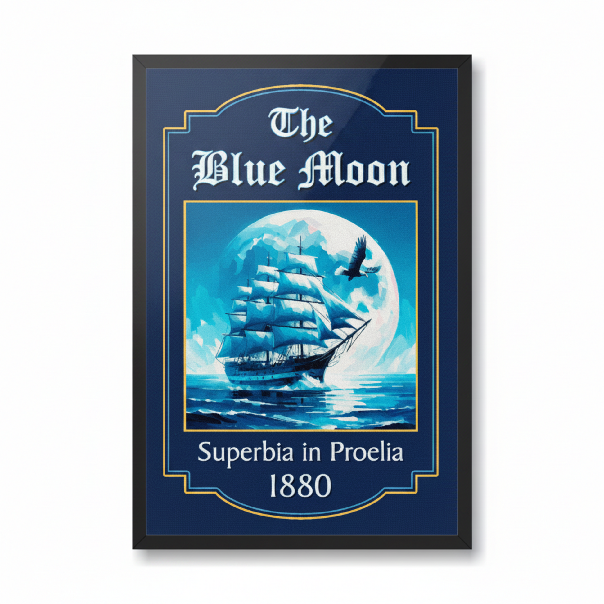 Man city inspired pub sign 'The Blue Moon' with a ship and moon illustration on a dark blue background in a black frame