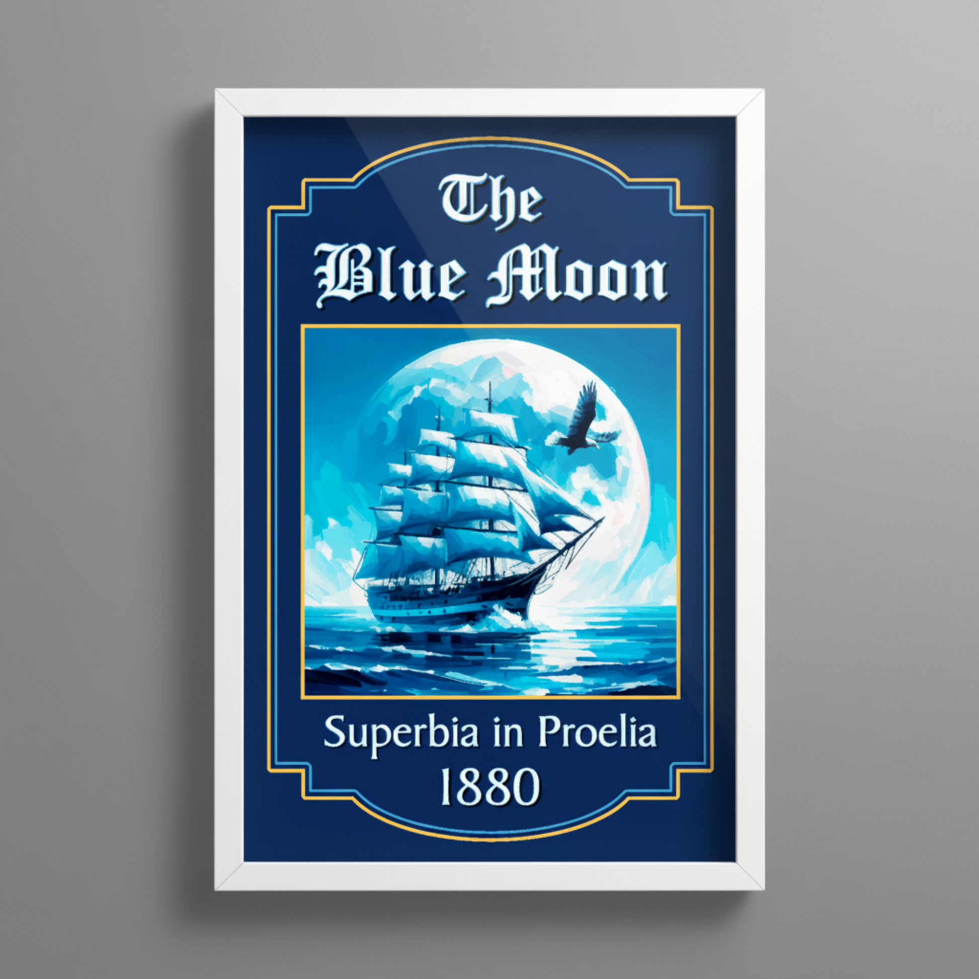 Man city inspired pub sign 'The Blue Moon' with a ship and moon illustration on a dark blue background