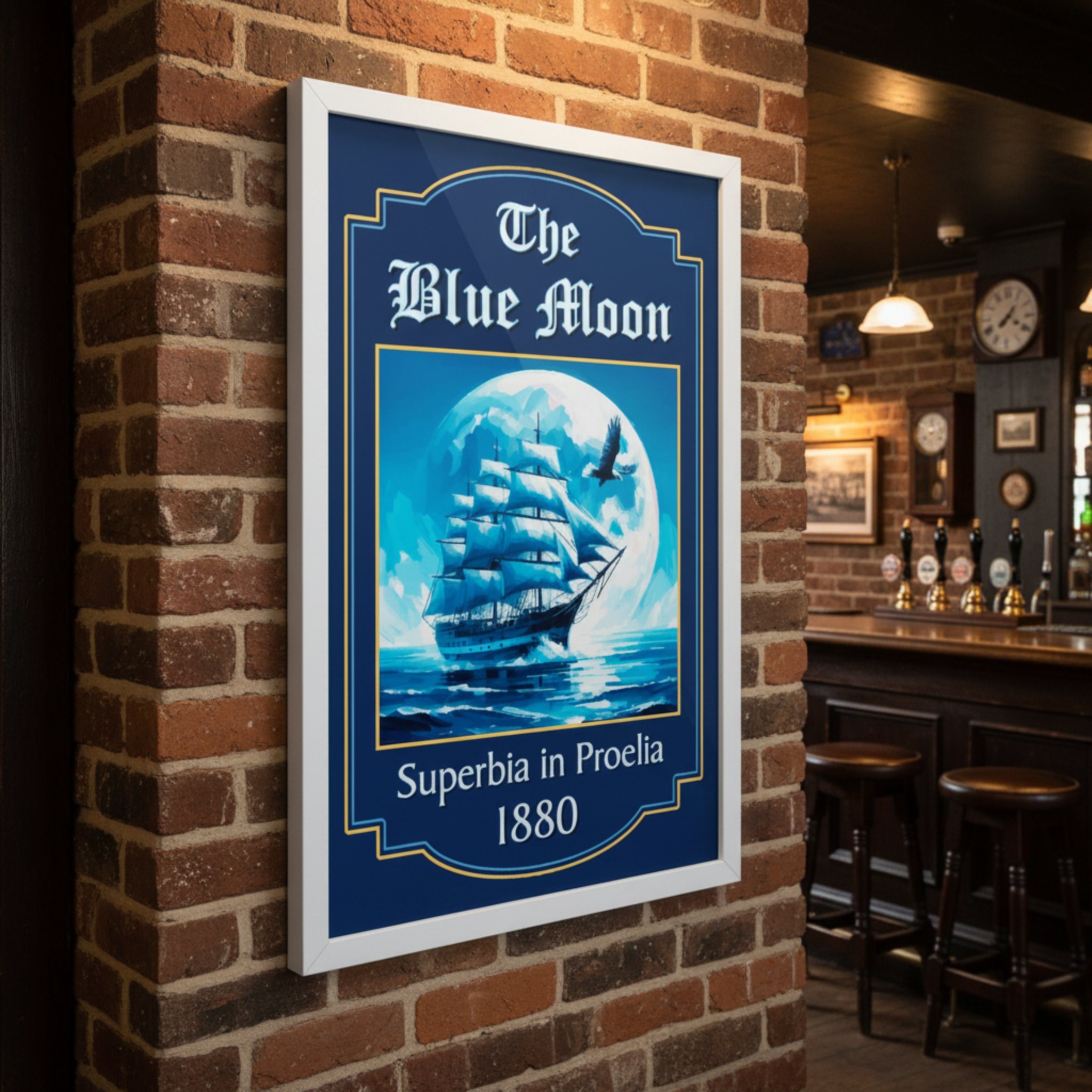 Manchester City inspired pub sign, football inspired framed art print mounted on a bar wall