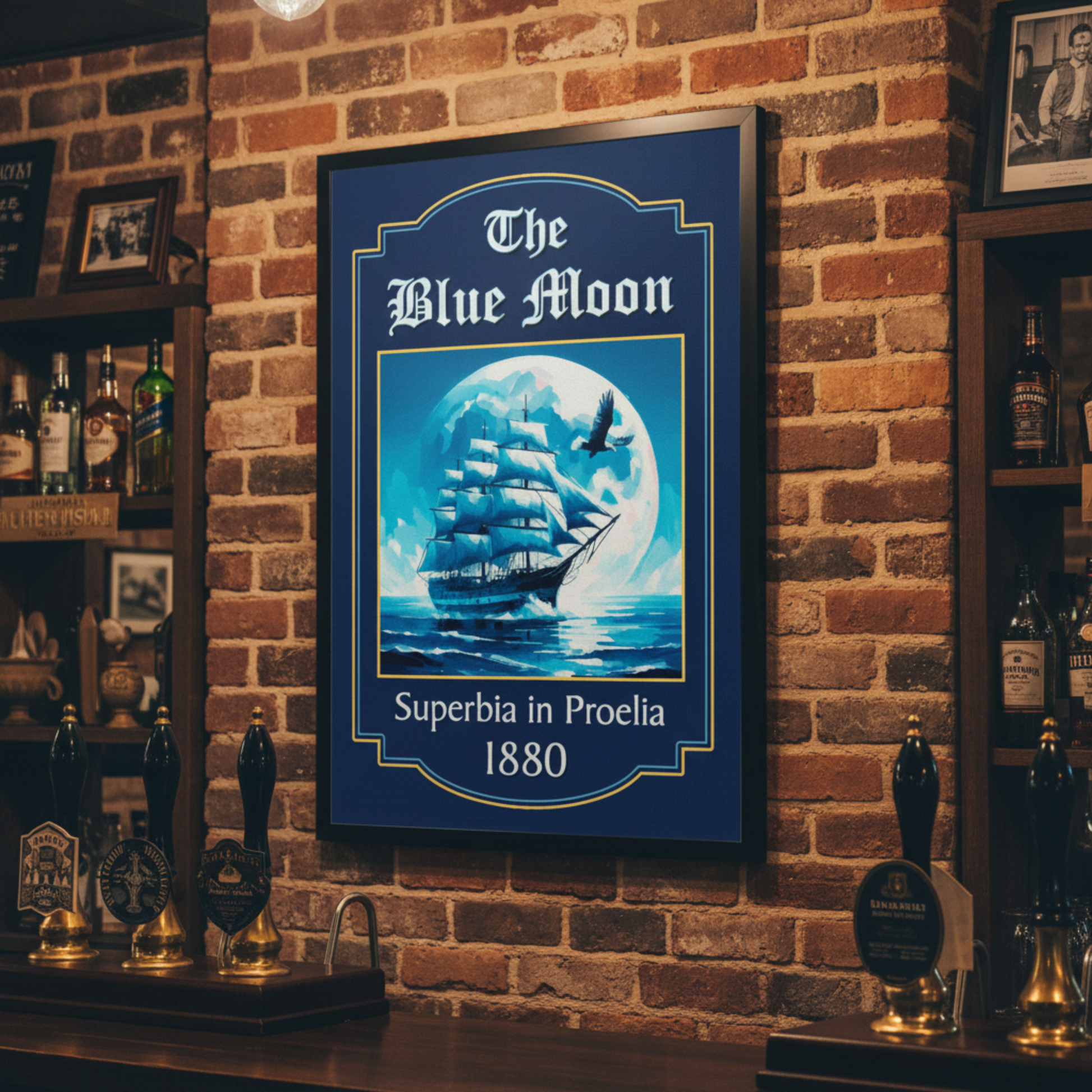Manchester City inspired pub sign, football inspired framed art print mounted on a brick bar wall