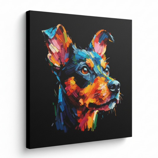 Colourful Manchester Terrier dog portrait canvas print - UK made abstract pet wall art black background