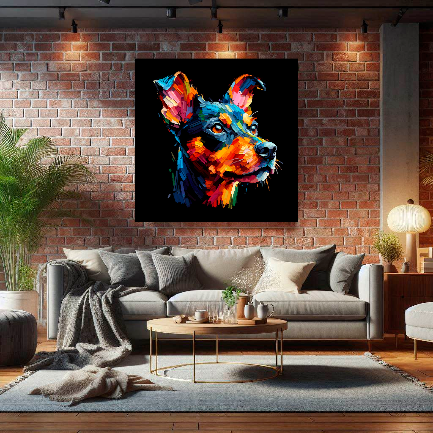 Large Manchester Terrier canvas on brick wall above grey sofa - bold dog portrait UK living room