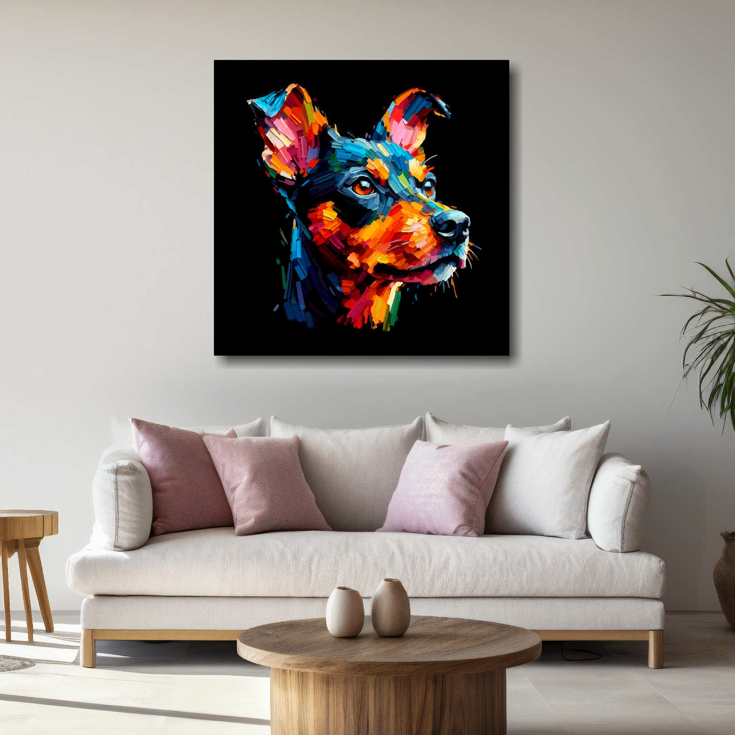 Large Manchester Terrier canvas above white sofa - vibrant abstract dog portrait wall art UK