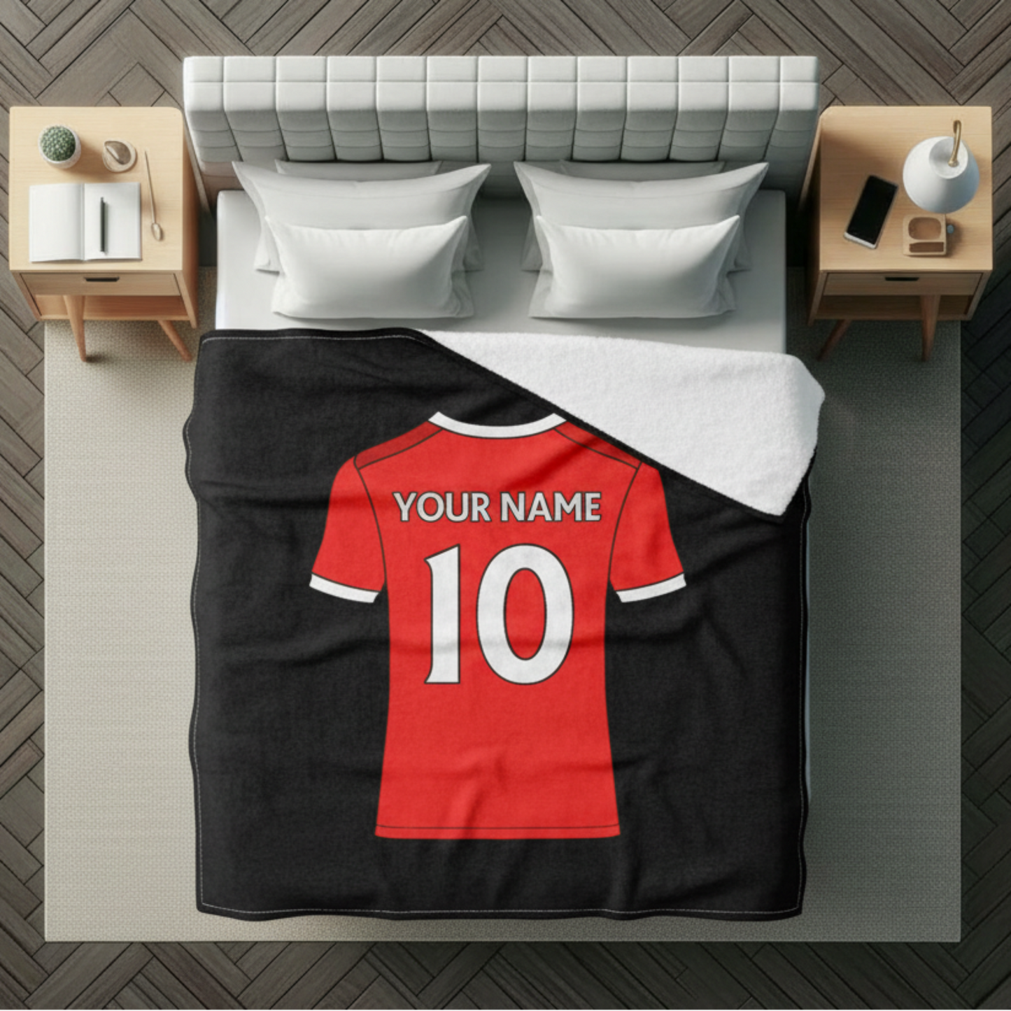 Personalised Manchester United football shirt on a fleece blanket. Made in the UK.