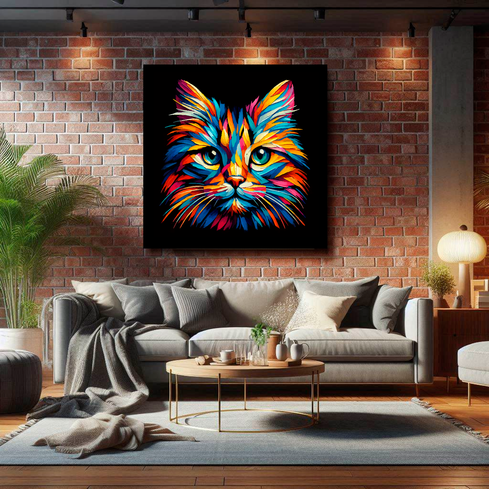 Large Manx cat canvas on brick wall above grey sofa - bold cat portrait UK living room