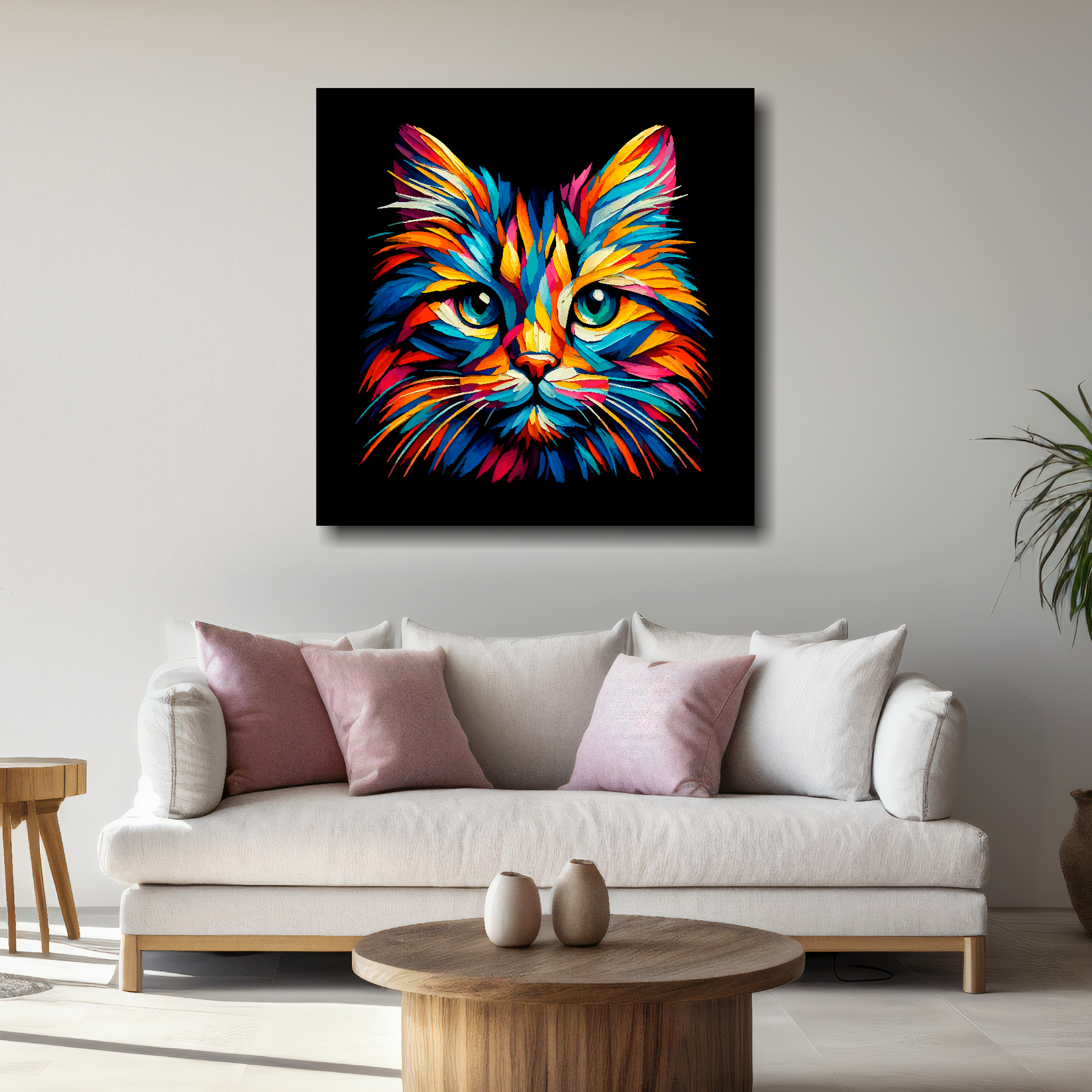 Large Manx cat canvas above white sofa - vibrant abstract cat portrait wall art UK