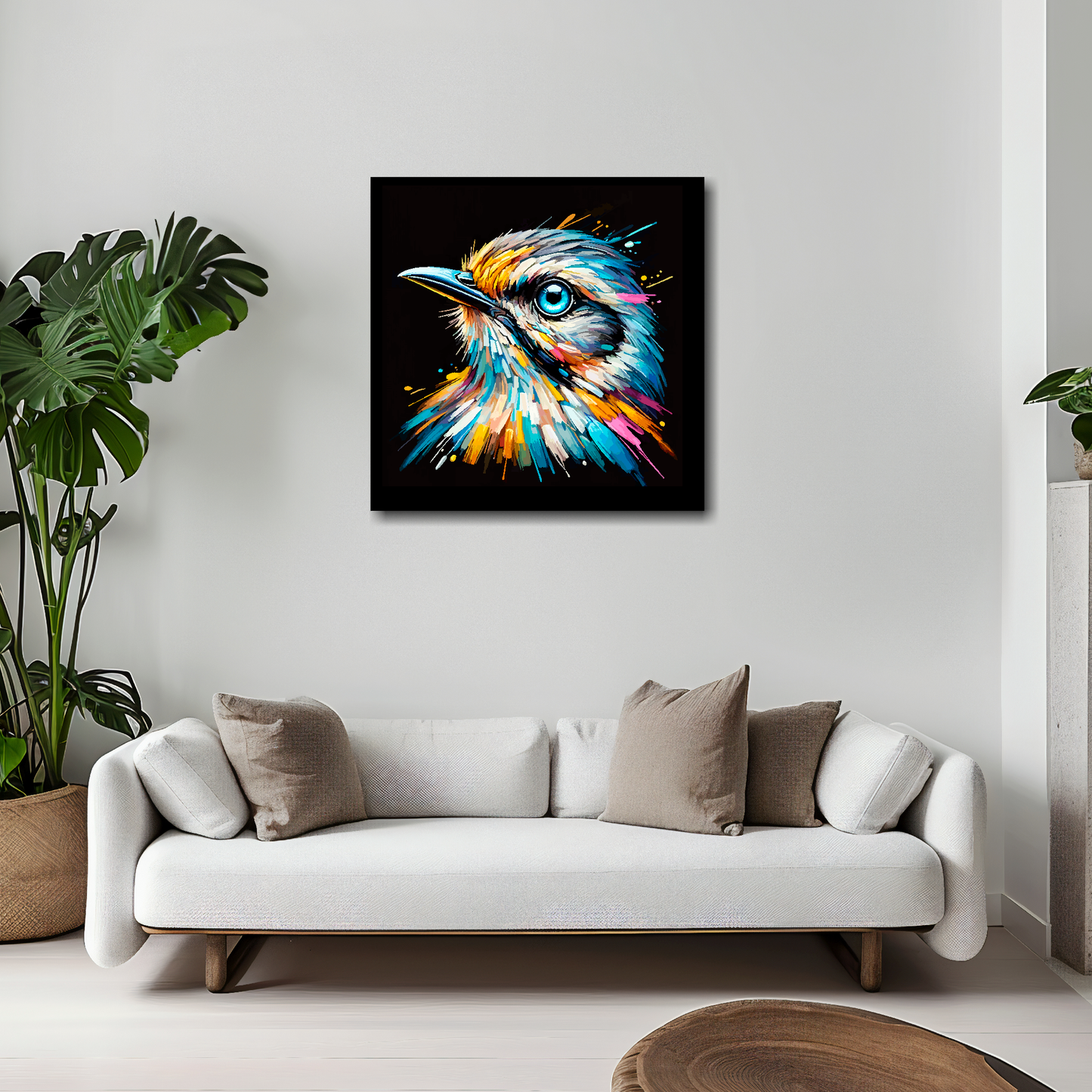 Mockingbird canvas 20x20 inches above white sofa - vibrant bird portrait wall art UK