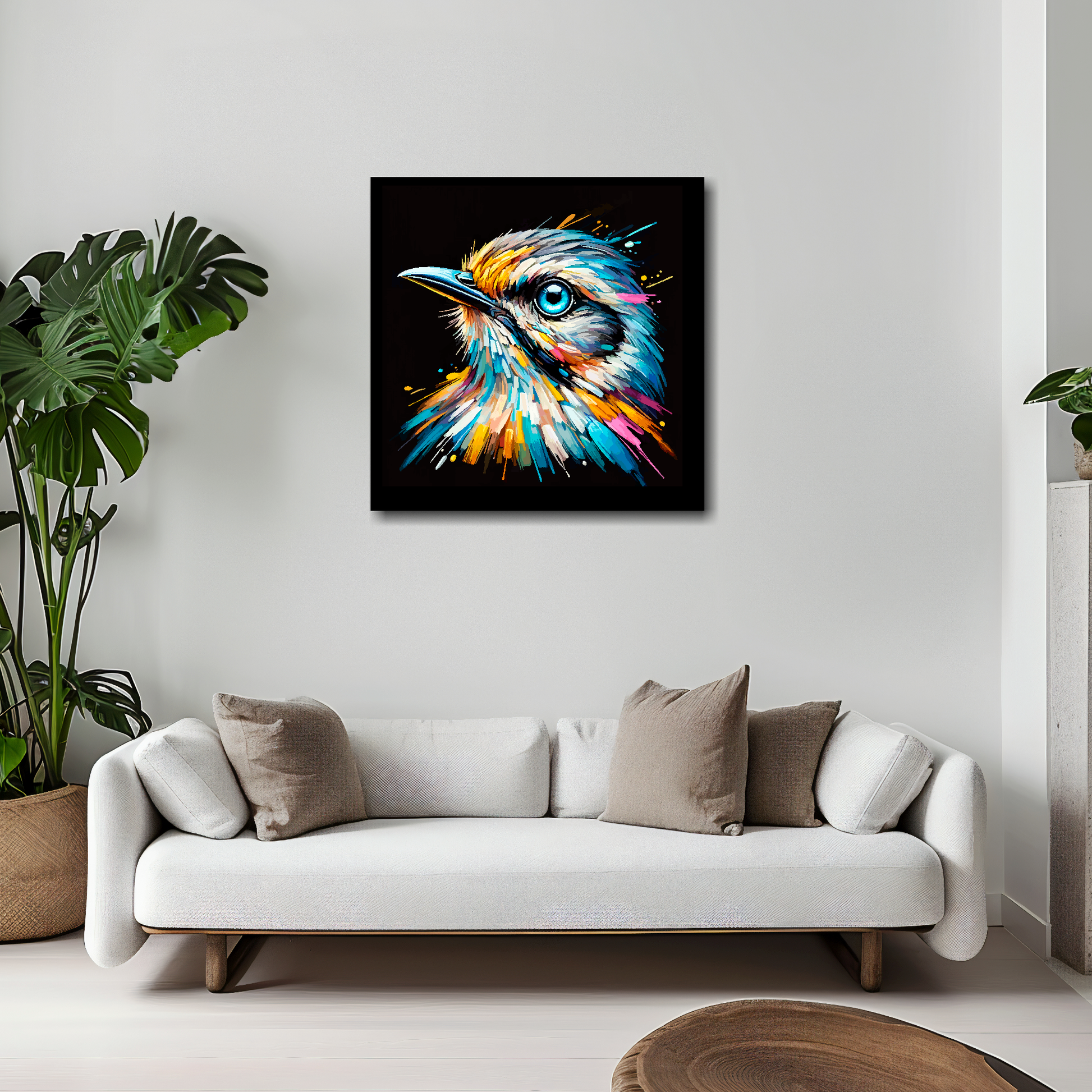 Mockingbird canvas 20x20 inches above white sofa - vibrant bird portrait wall art UK