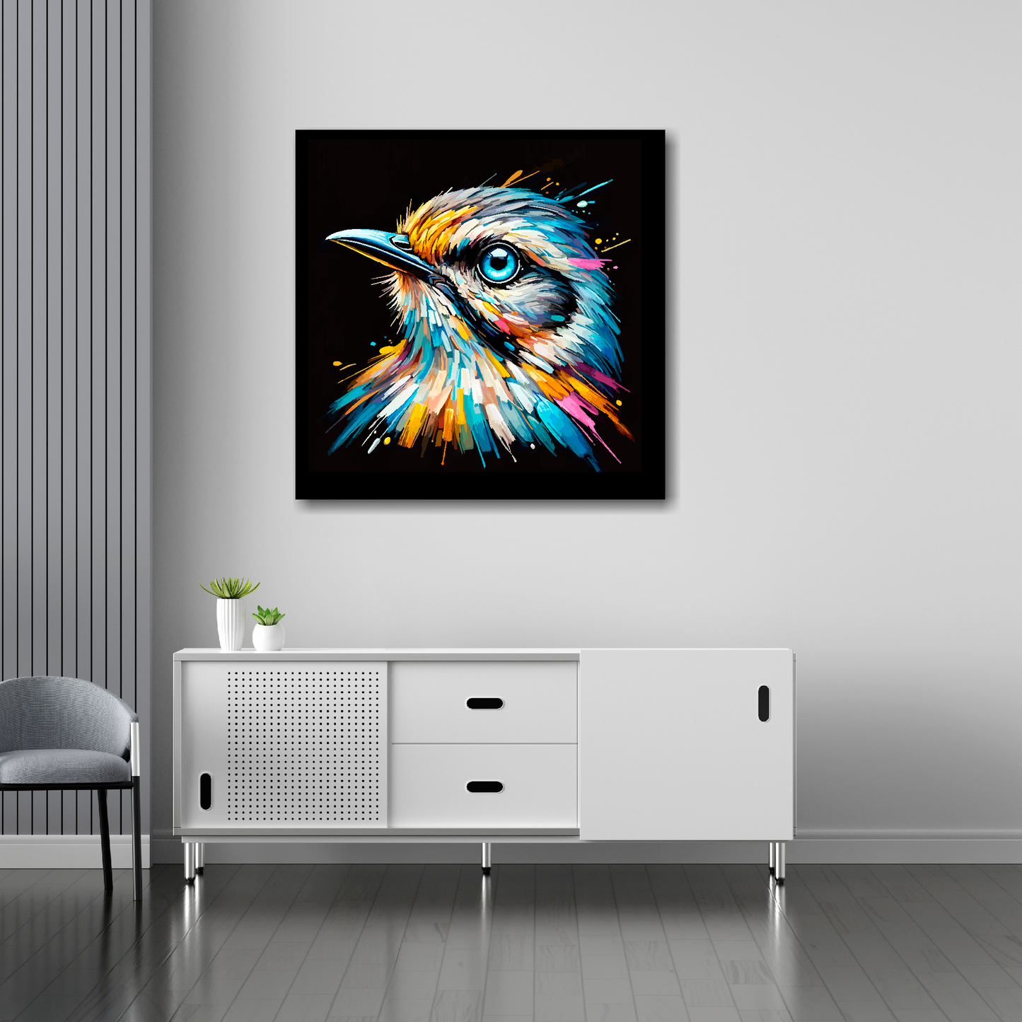 Mockingbird canvas 30x30 inches above sideboard - large colourful bird portrait UK made