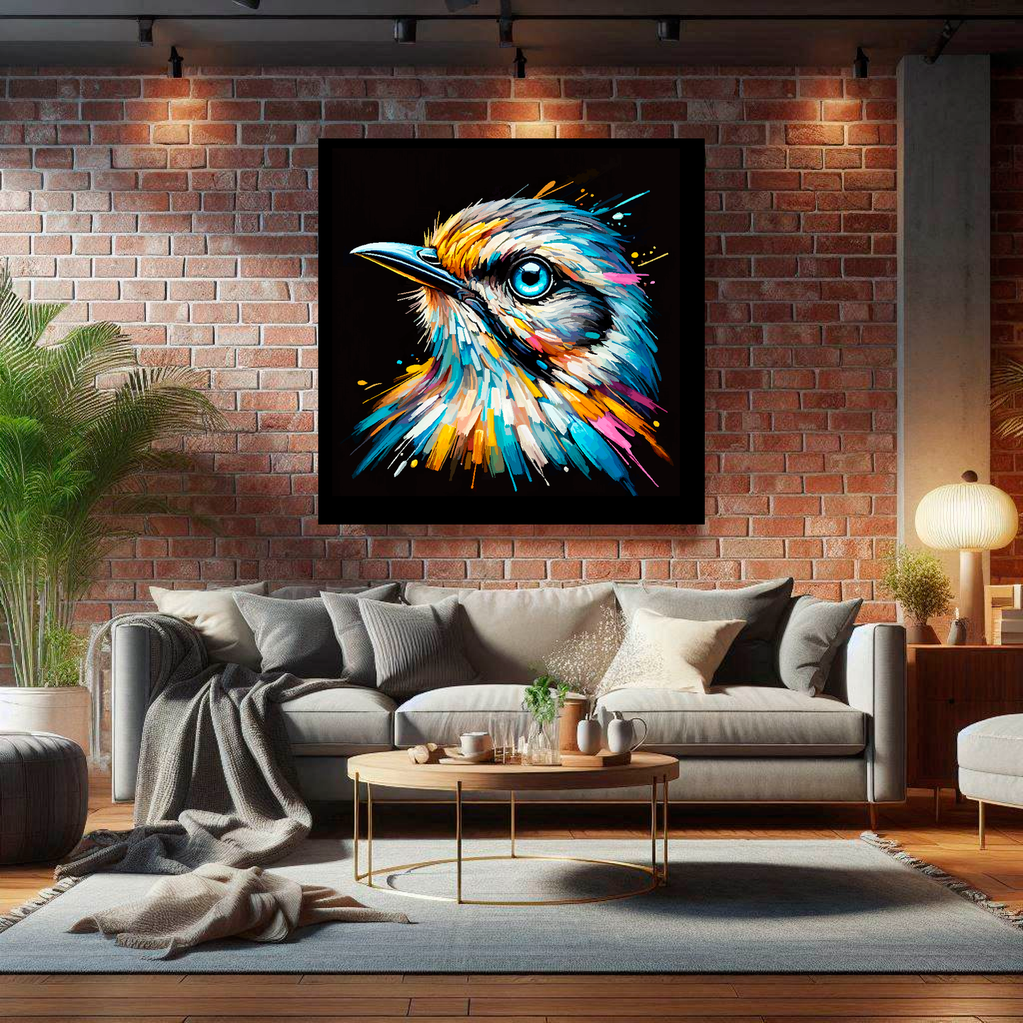 Large Mockingbird canvas on brick wall above grey sofa - bold bird portrait UK living room